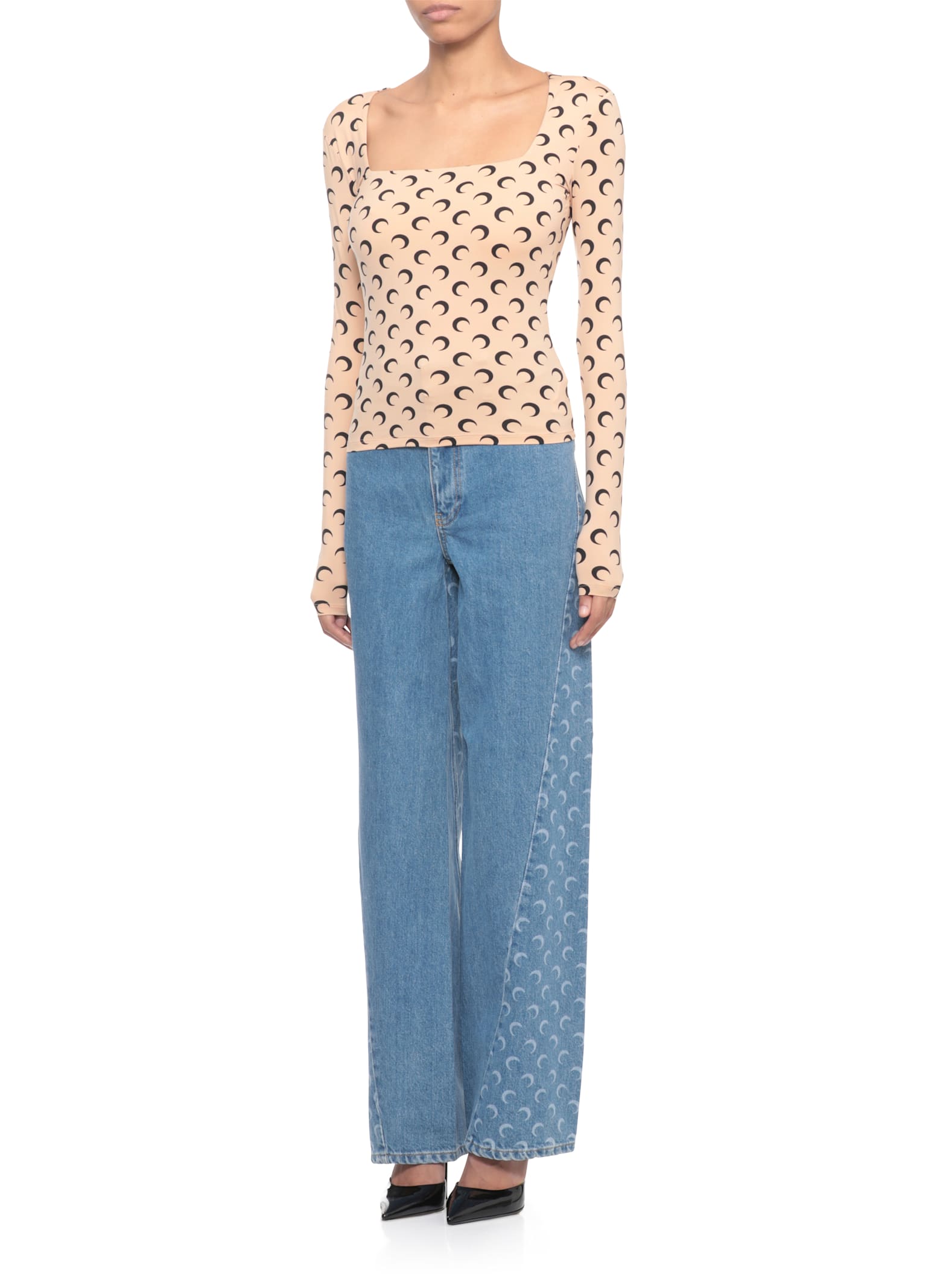 Marine Serre Moon Printed Jersey Ls Squareneck Top In Pink