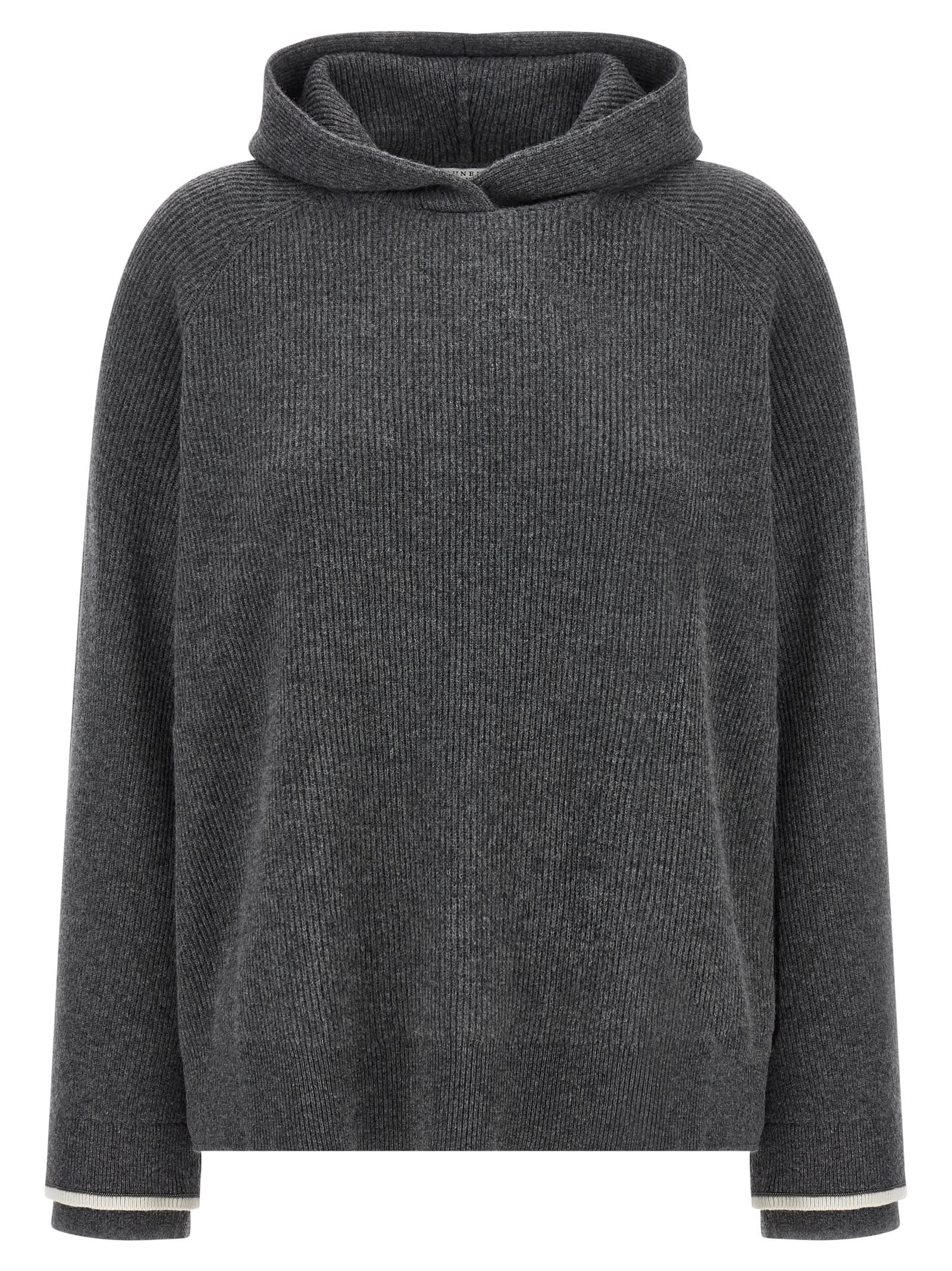Brunello Cucinelli Ribbed Texture Hooded Sweater With Long Sleeves In Gray