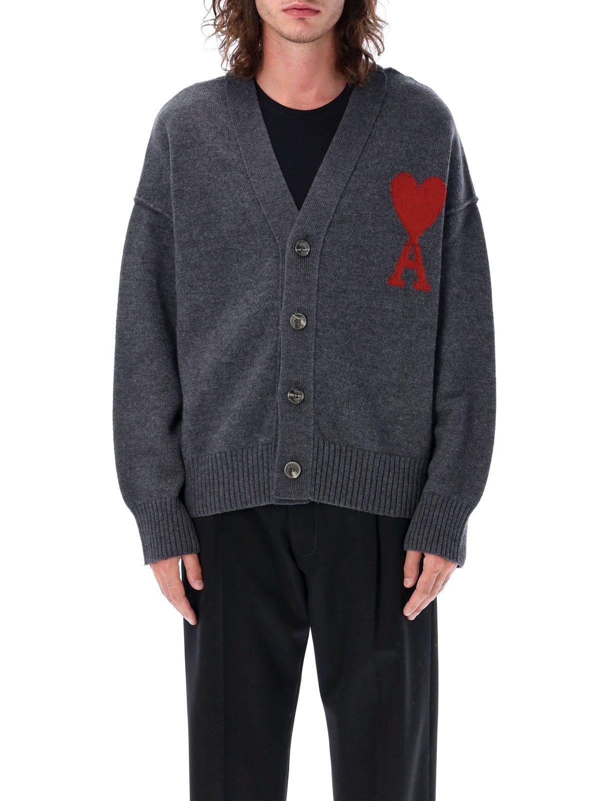 Shop Ami Alexandre Mattiussi Paris De Coeur Logo Intarsia Knitted Buttoned Cardigan In Grey