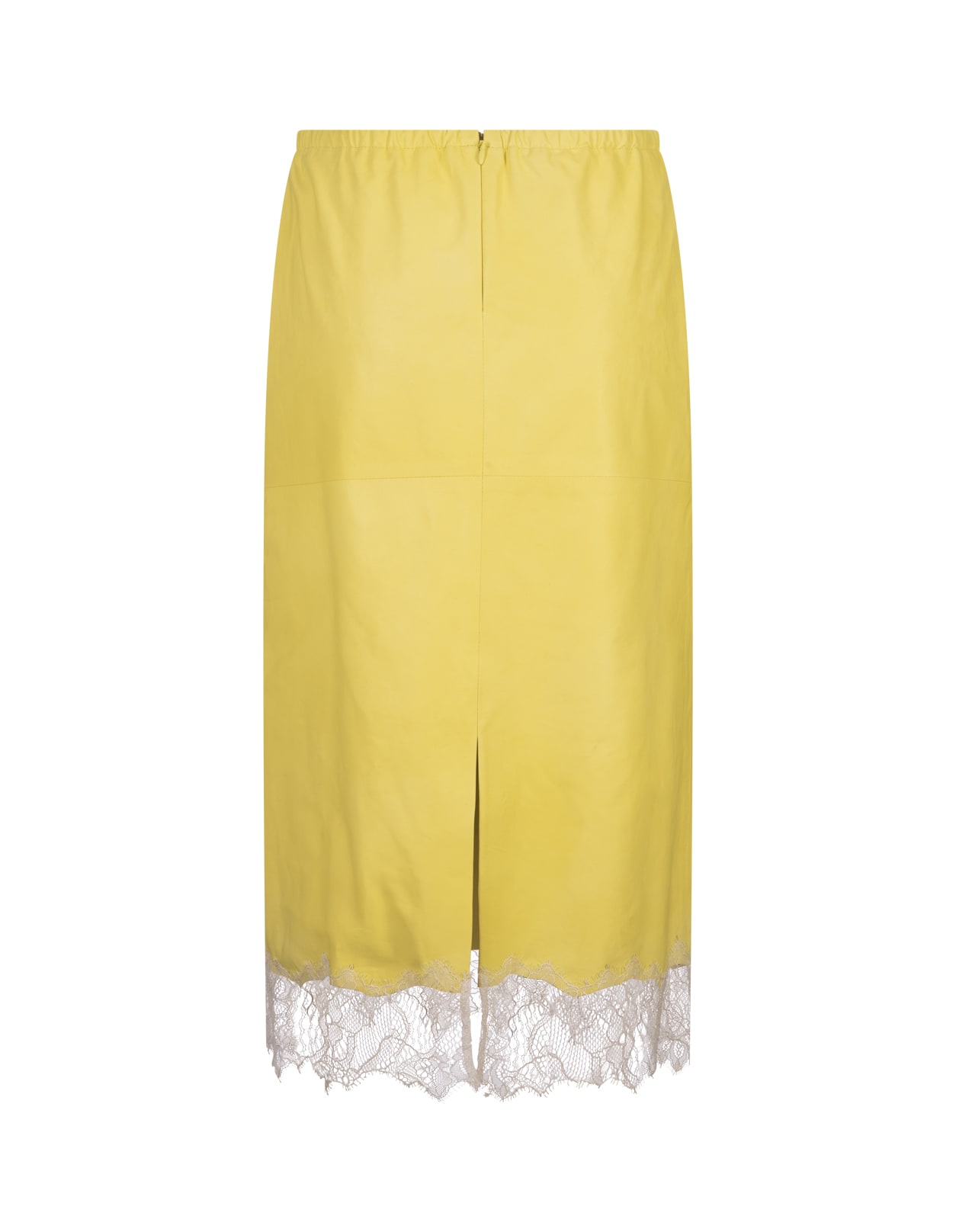 Shop Blumarine Yellow Leather Midi Skirt With Lace