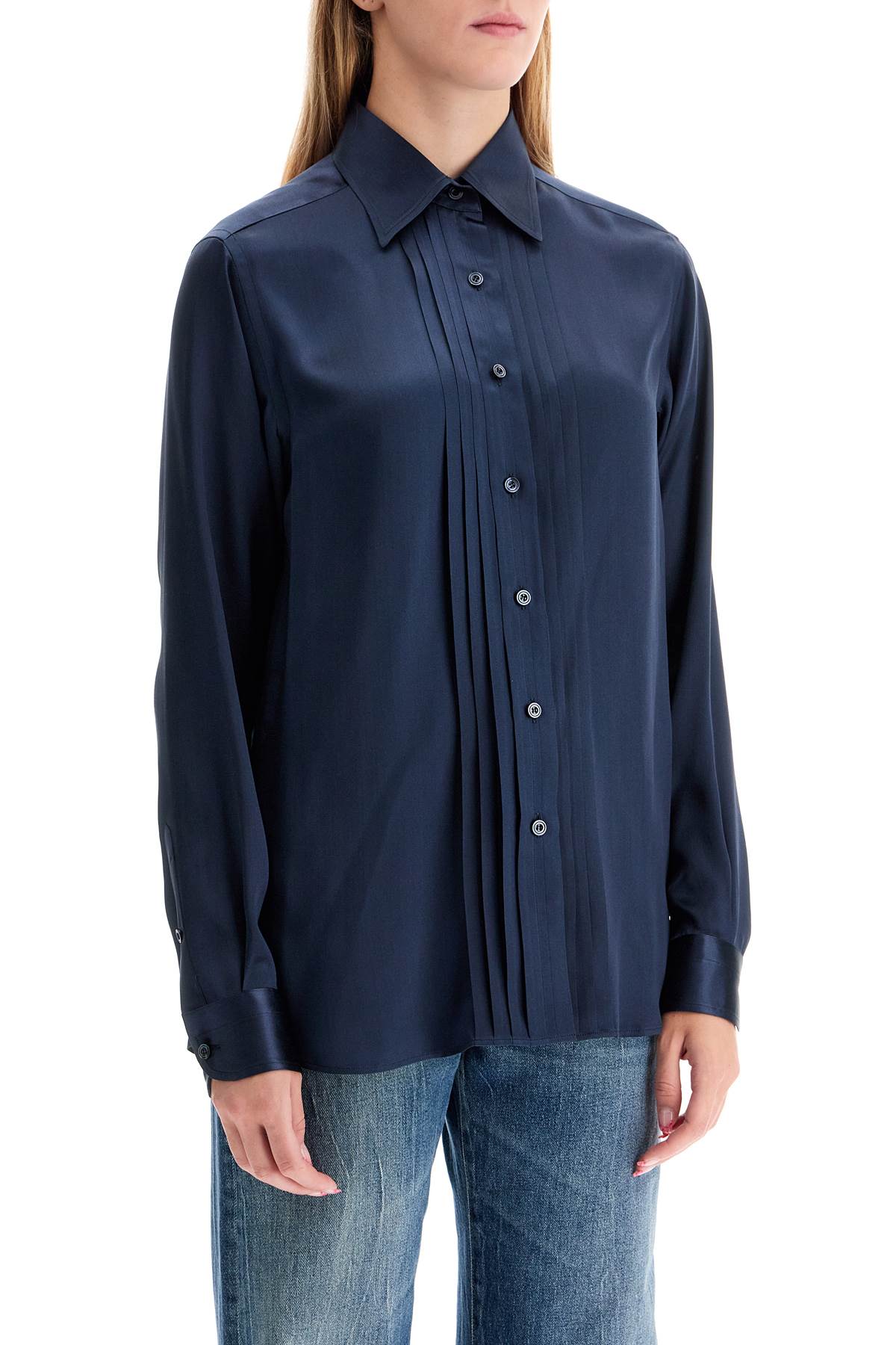 Shop Tom Ford Silk Charmeuse Blouse Shirt In Navy Blue (blue)