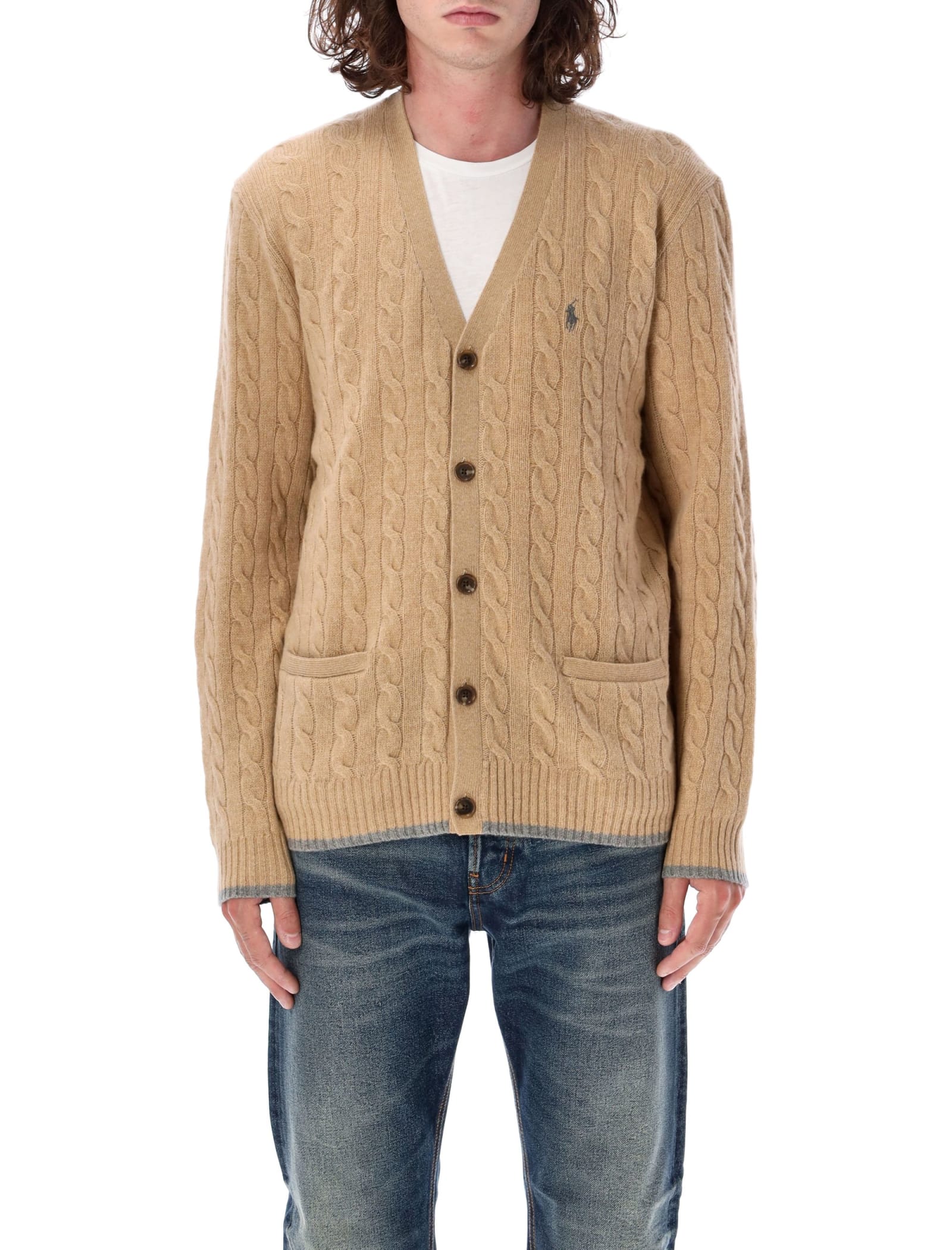 Shop Polo Ralph Lauren Cable Knit Cardigan In Camel