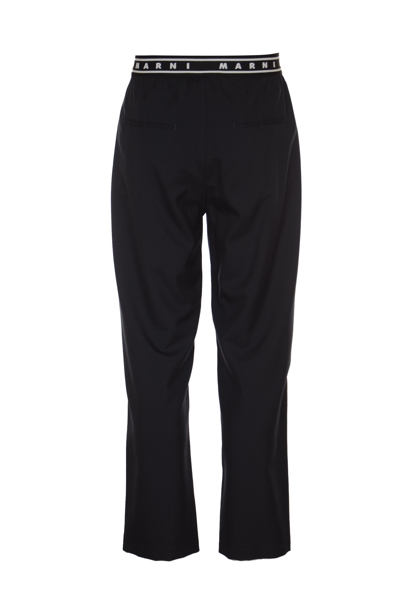 Shop Marni Logo Waist Buttoned Trousers In Blue/black