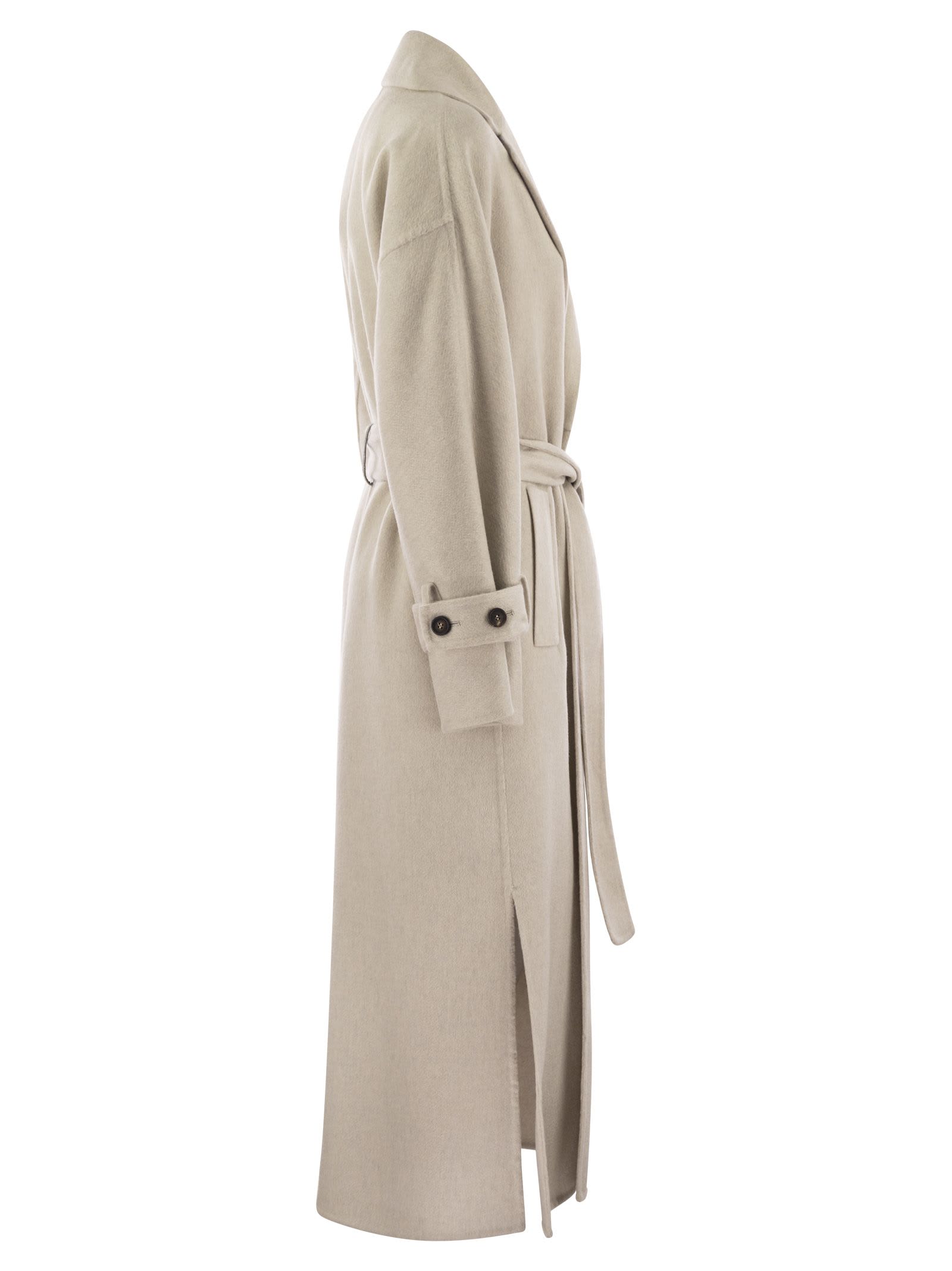 Shop Brunello Cucinelli Cashmere Coat With Jewel Detail In Sand