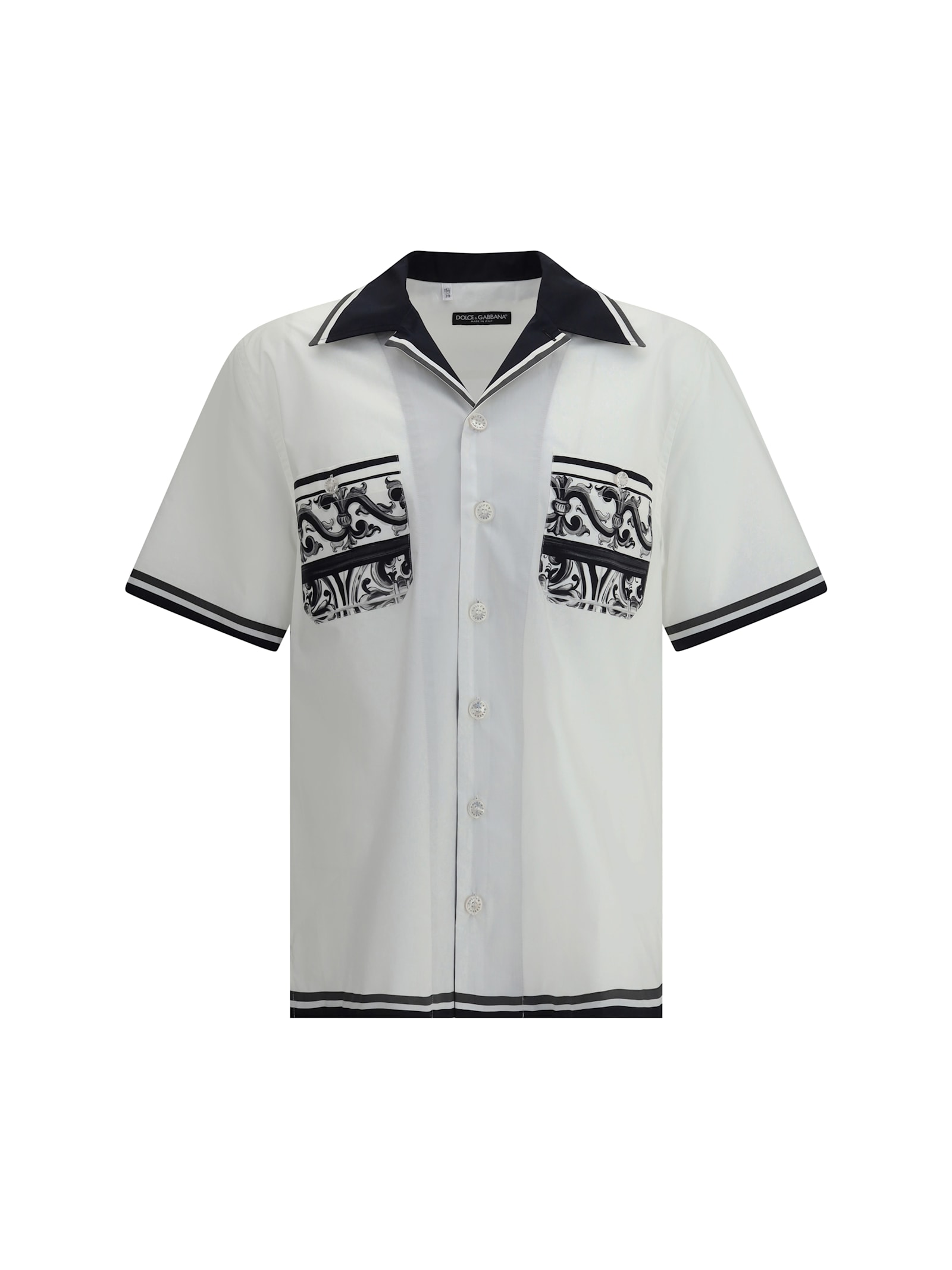 Dolce & Gabbana Short Sleeve Shirt With Contrast Collar And Graphic Print In White