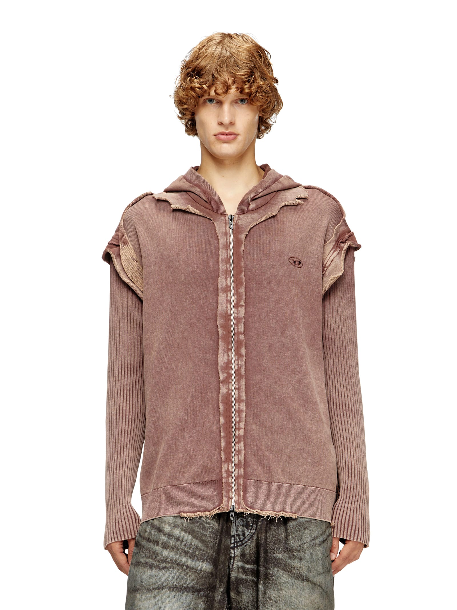 Diesel Hooded Crewneck With Ribbed Sleeves And Distressed Finish In Brown