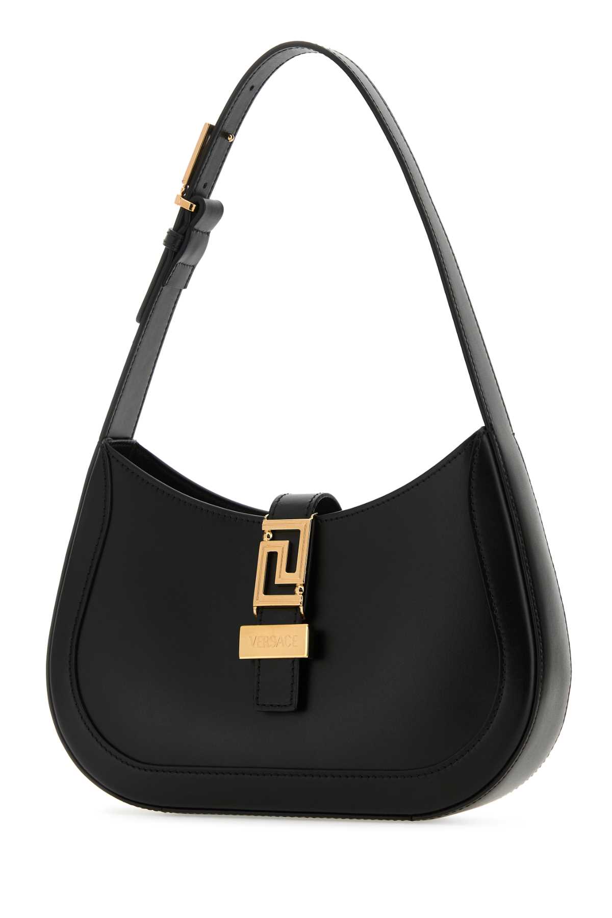 Shop Versace Black Leather Small Greca Goddess Shoulder Bag In Blackgold