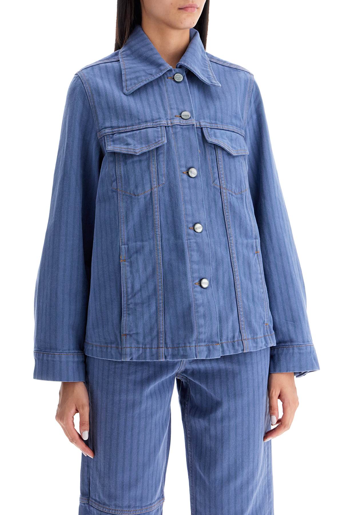 Shop Ganni Striped Overdyed Denim Jacket In Country Blue (blue)