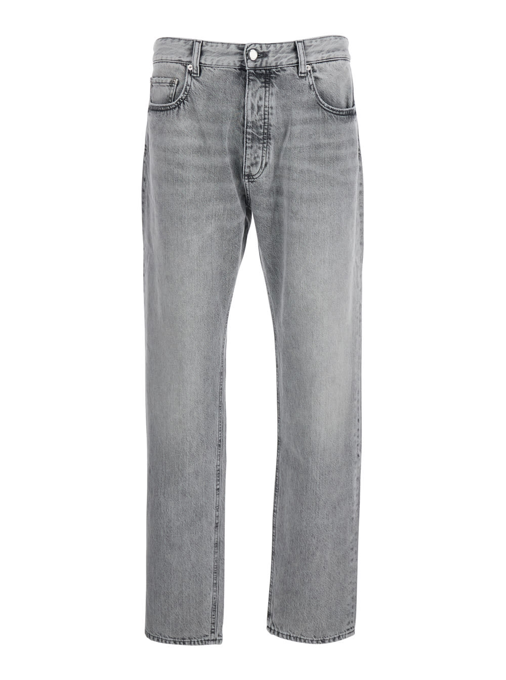 Grey Pants With Belt Loops And Rear Logo Patch In Denim Man