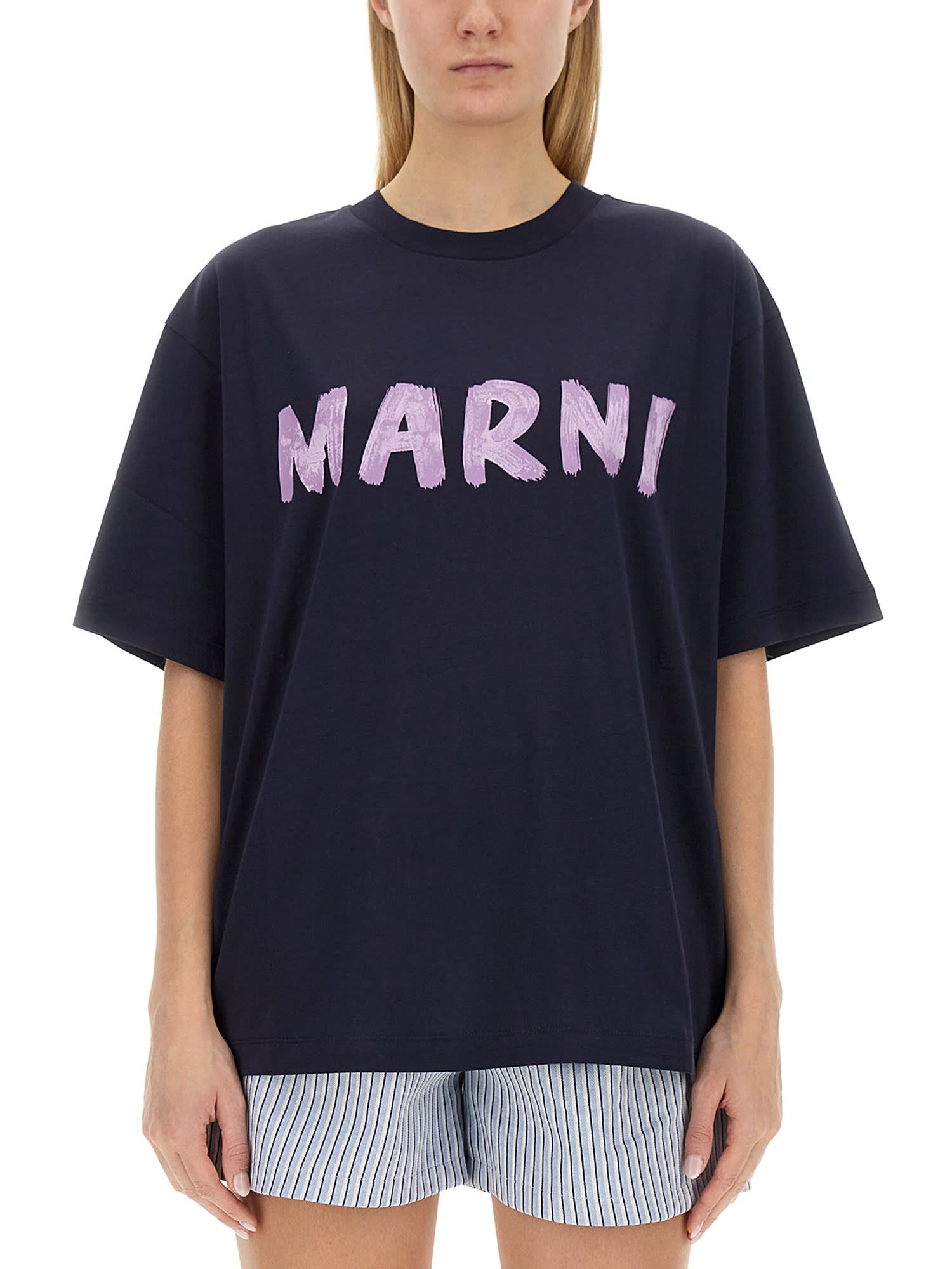 Marni Logo Organic Cotton T-shirt In Blu