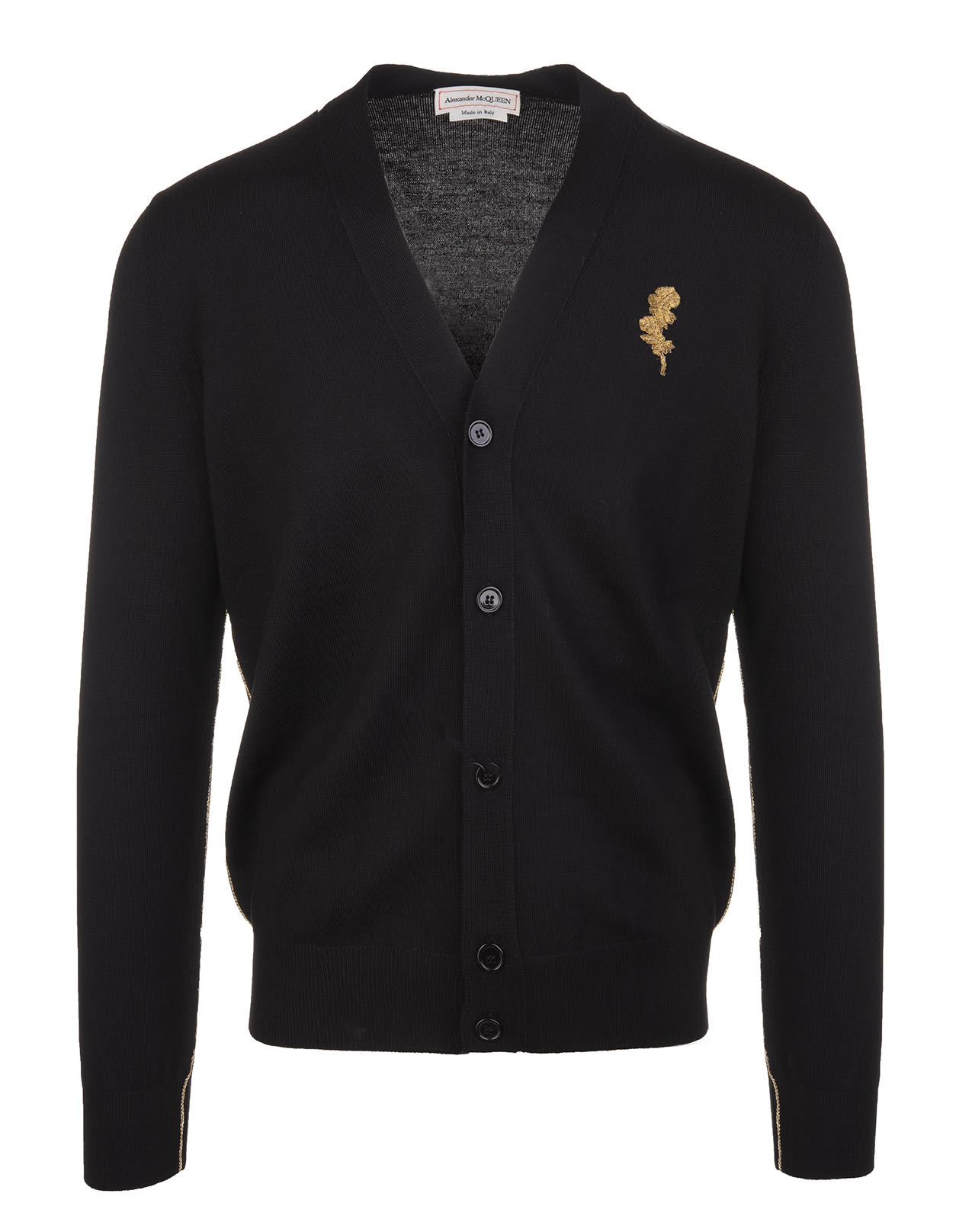 Alexander Mcqueen Man Black Cardigan With Gold Thistle Embroidery In Black/gold