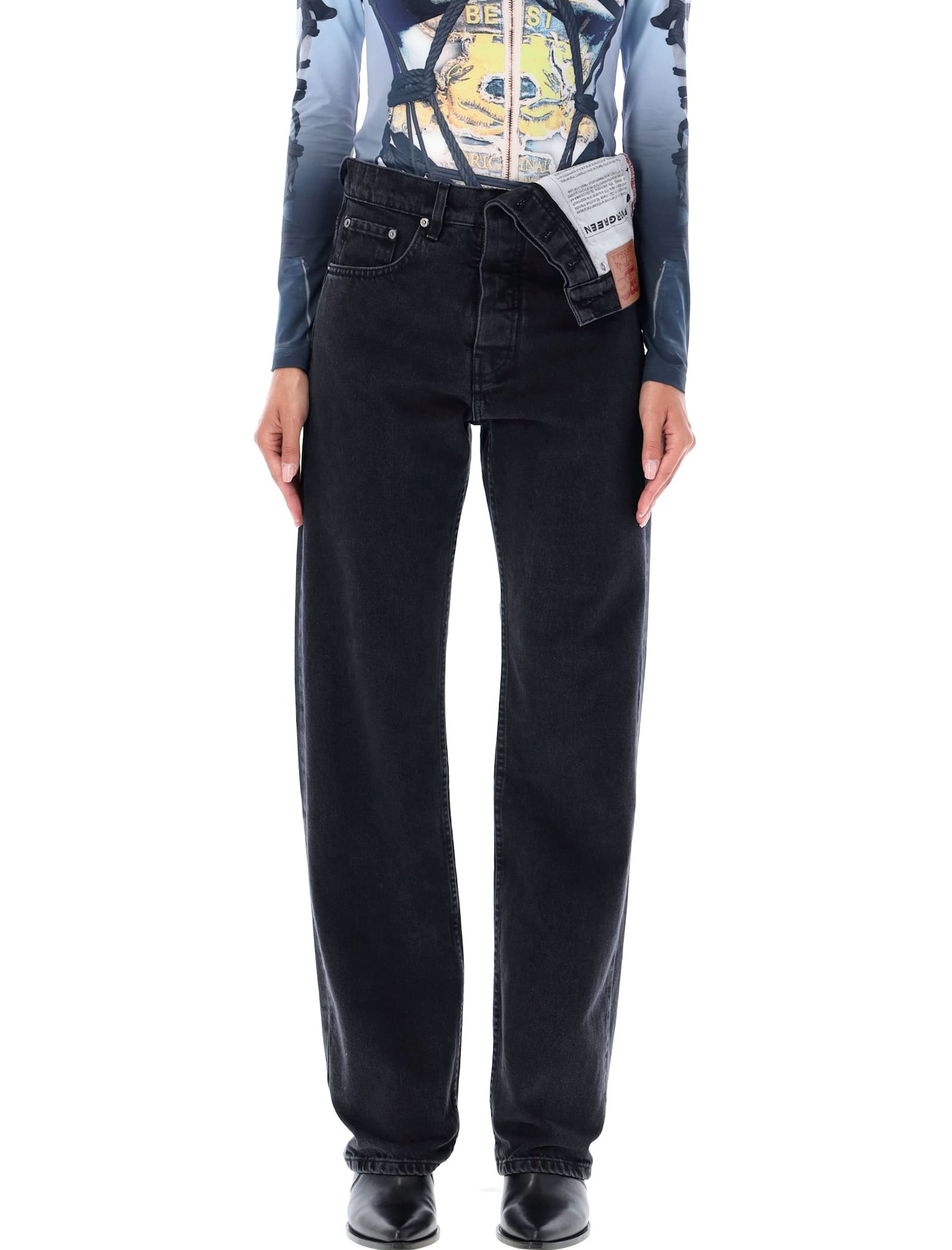 Shop Y/project Asymmetric Waist Jeans In Evergreen Black