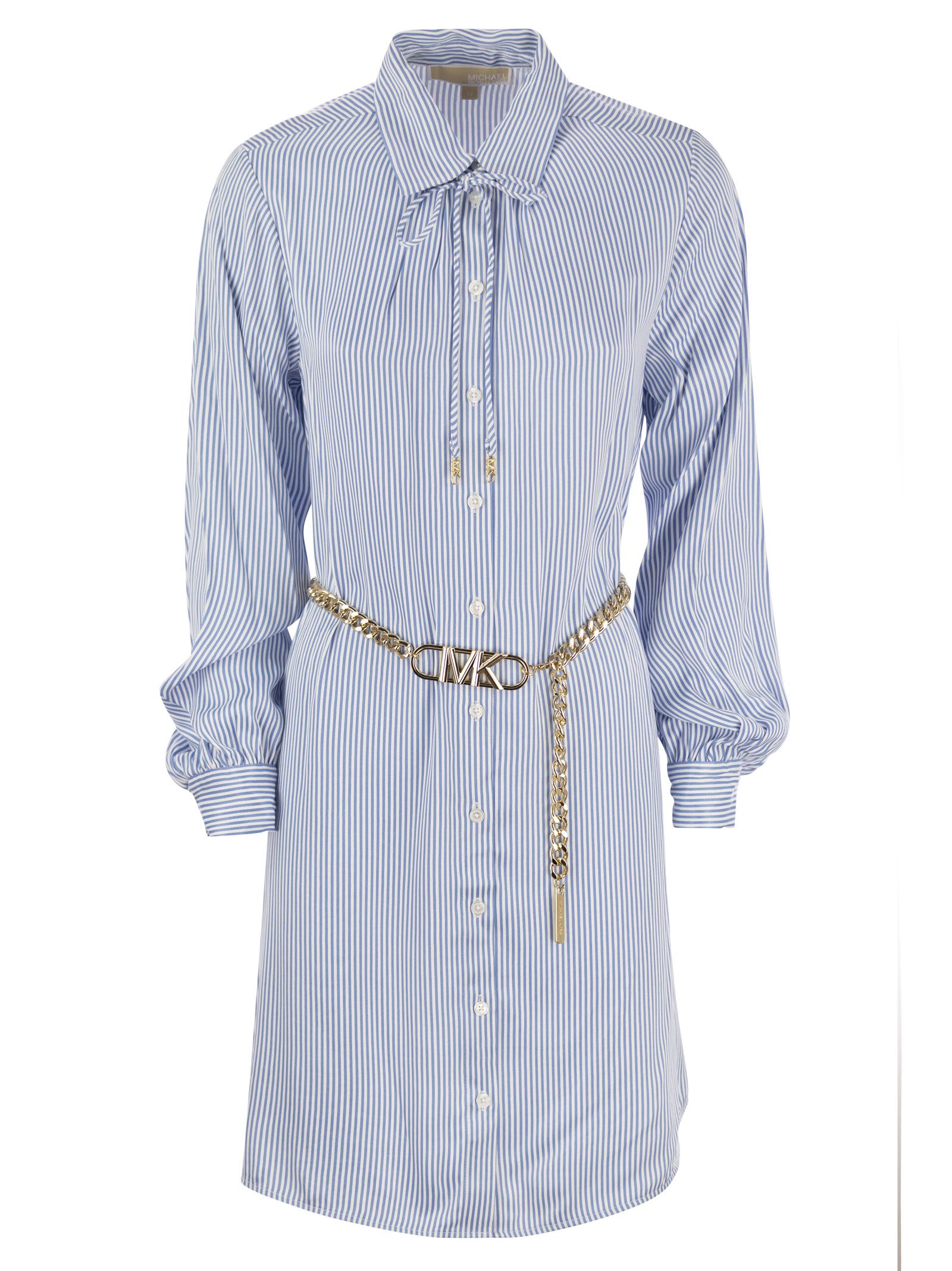 Shop Michael Kors Striped Viscose Chemisier Dress With Belt In Light Blue