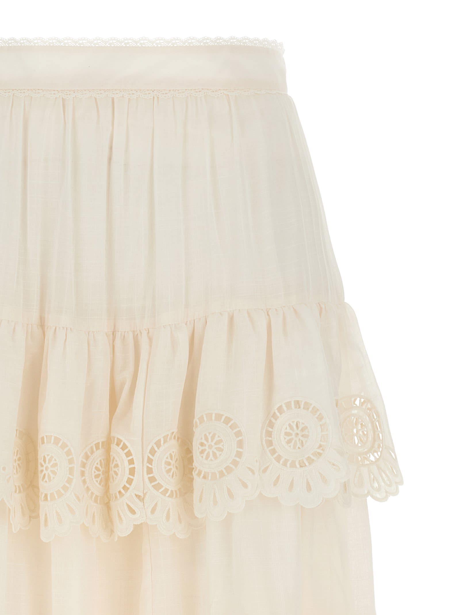 Zimmermann Women Ivory Embroidered Cotton Lucky Tiered Midi Skirt In Neutral