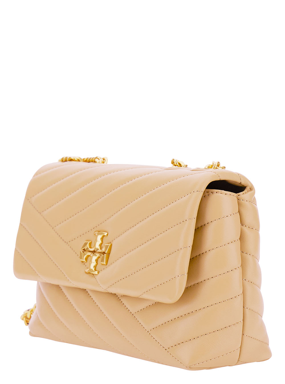 Shop Tory Burch Small Convertible Kira Beige Shoulder Bag With Logo In Chevron-quilted Leather Woman