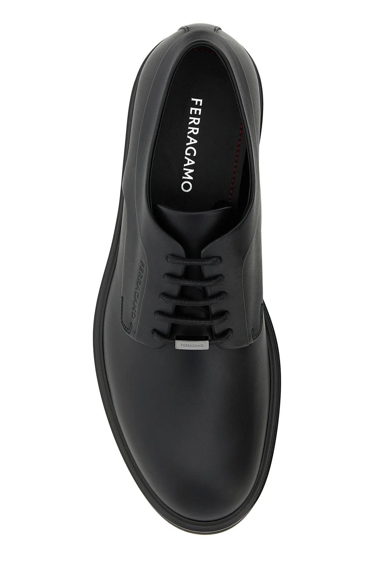 Shop Ferragamo Black Leather Cervantes Lace-up Shoes