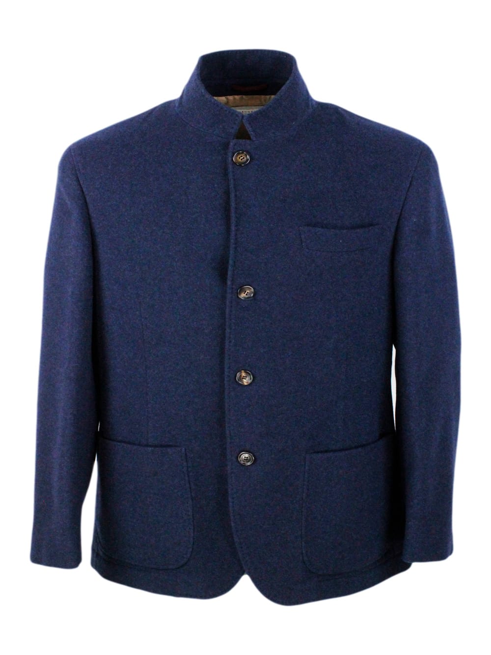 Brunello Cucinelli Single-breasted Jacket In Fine Water-repellent Cashmere With Horn Buttons, Patch Pockets And Lapels In Blu
