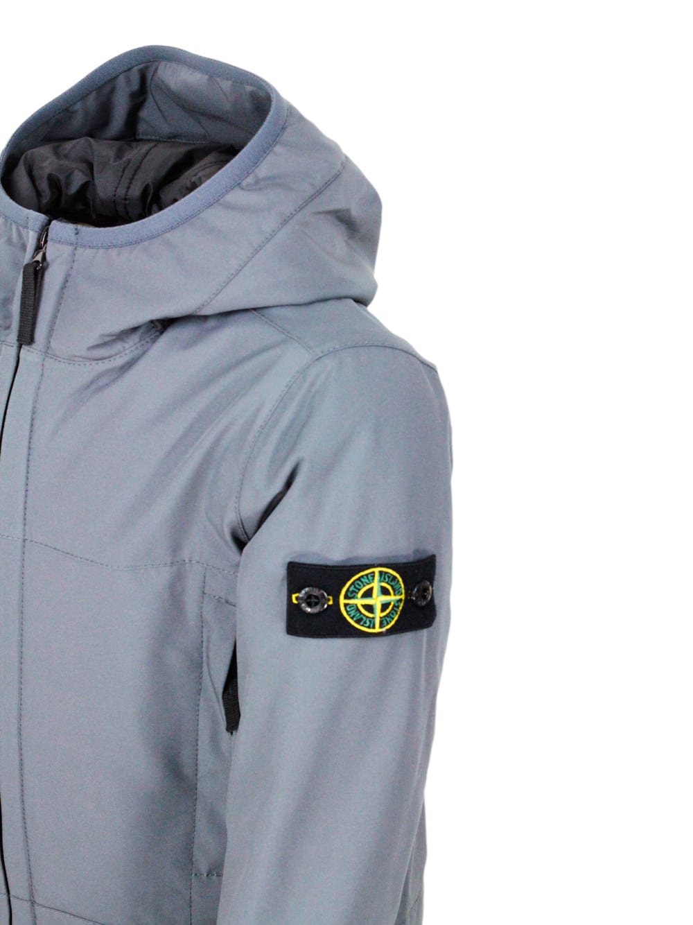 Stone Island Padded Jacket With Hood In Technical Fabric Made With Recycled Bottles E.dye Technology With Primalo In Grigio