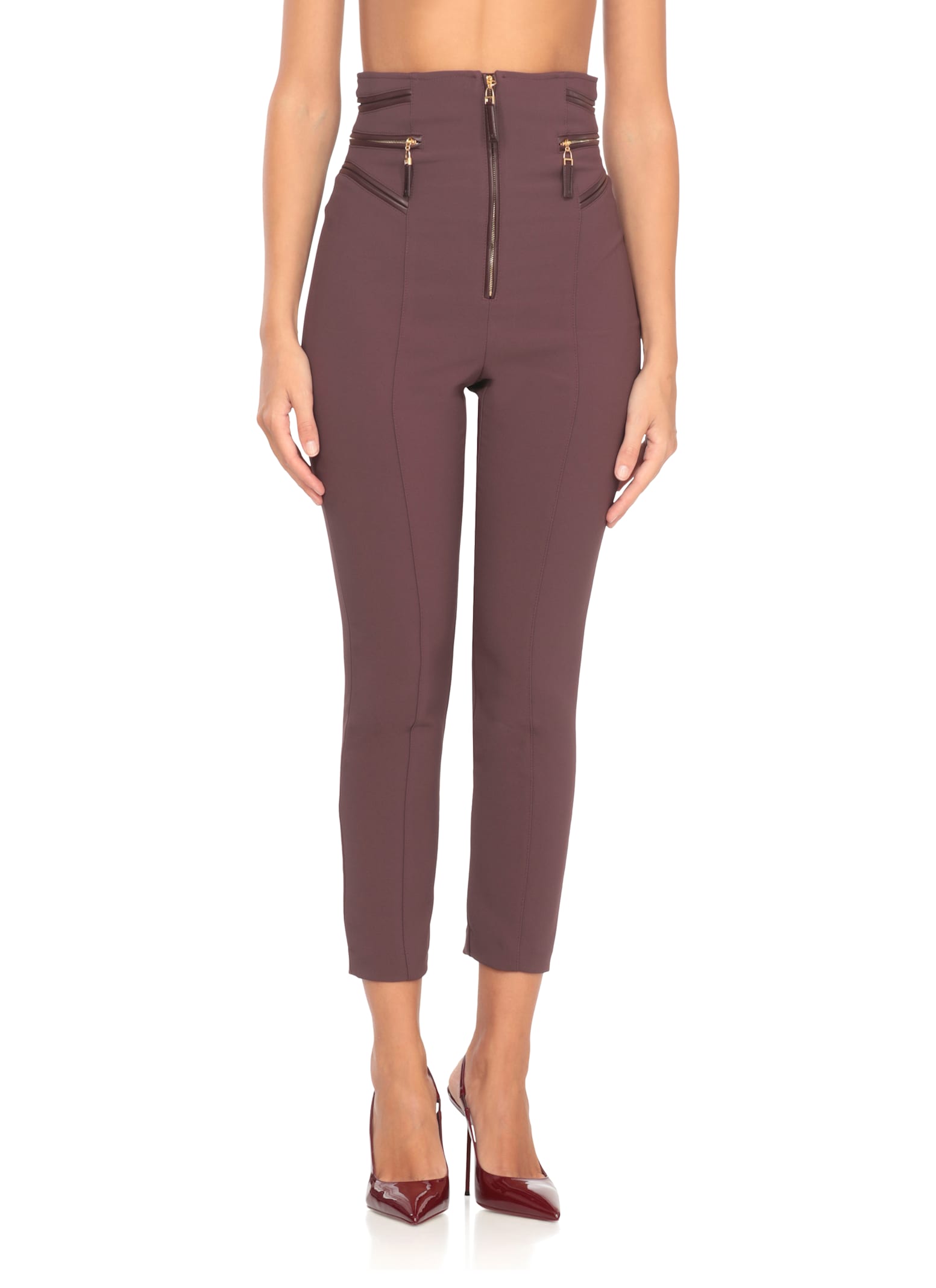 Elisabetta Franchi High Waist Cropped Trousers Pockets In Burgundy