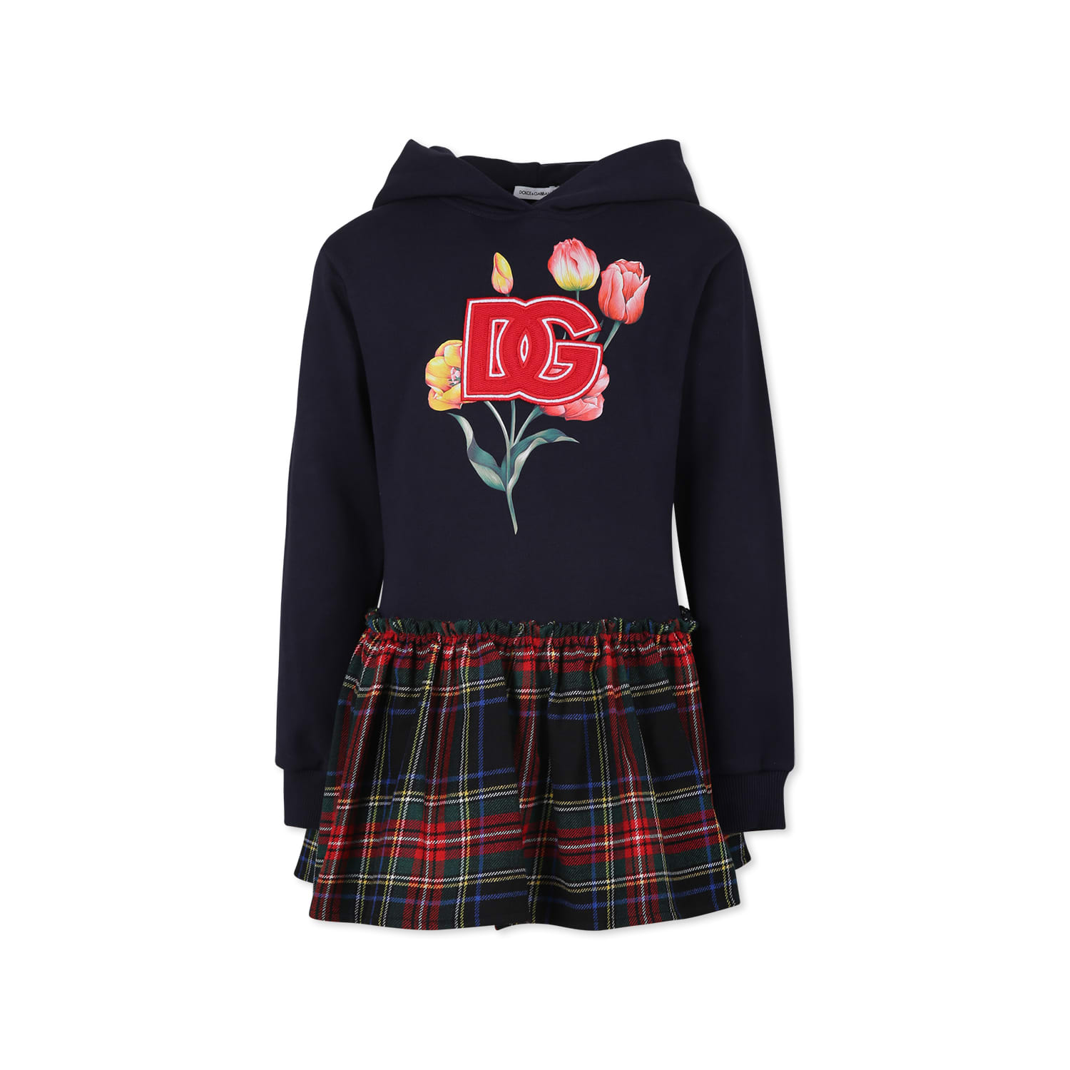 DOLCE & GABBANA BLUE DRESS FOR GIRL WITH TULIP AND LOGO 