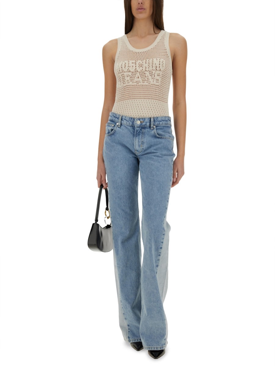 Moschino Jeans Mesh Top With Logo In Neutral