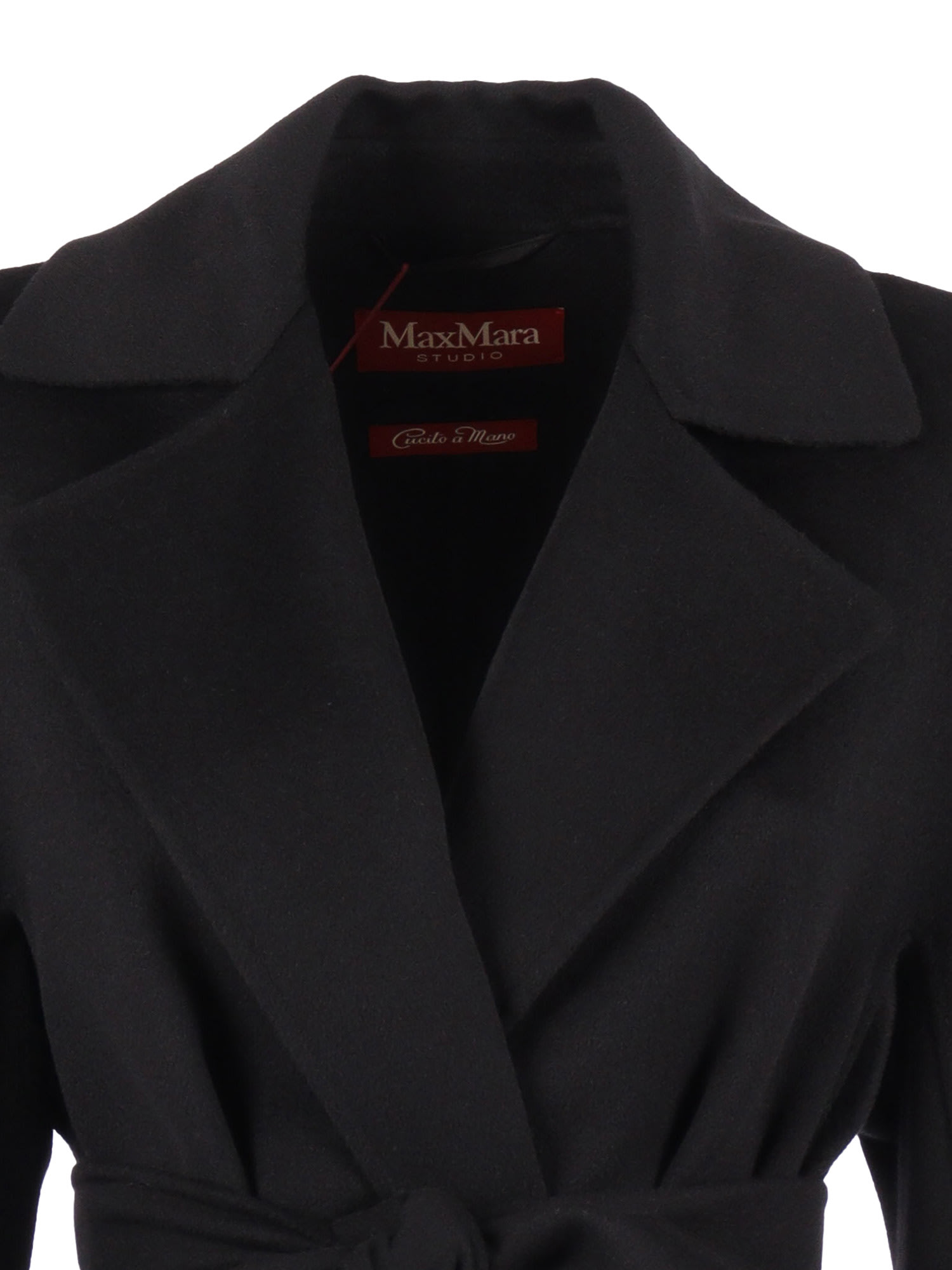 Max Mara Waist Belted Long Length Lapels Pockets In Black