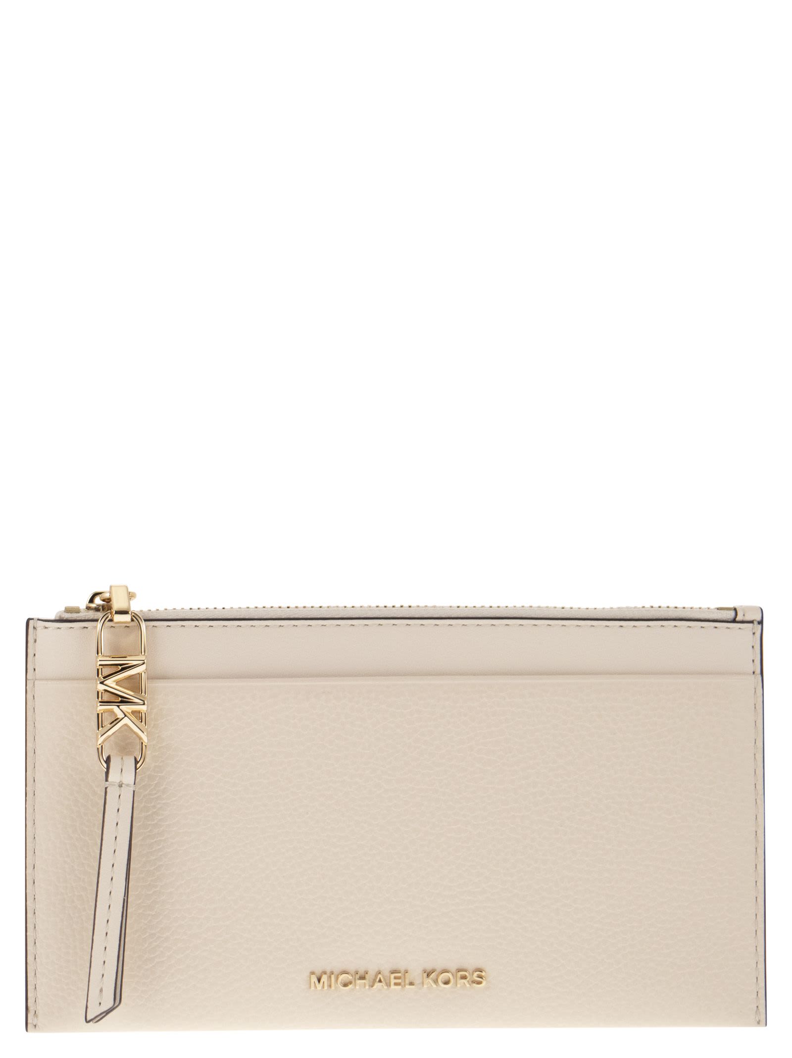 Shop Michael Kors Large Credit Card Holder In Grained Leather In Cream