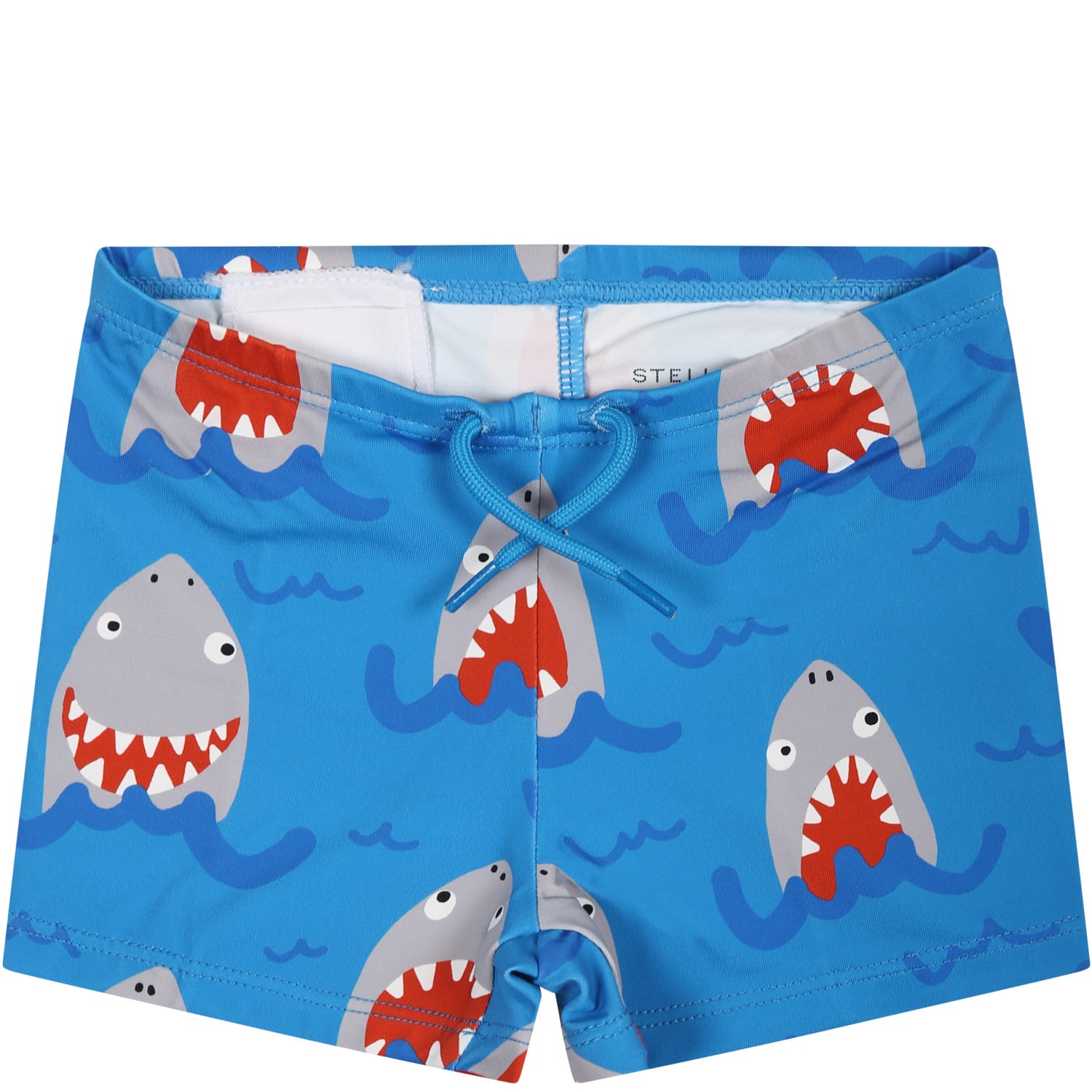 Shop Stella Mccartney Light Blue Boxer Shorts For Baby Boy With All-over Shark Print