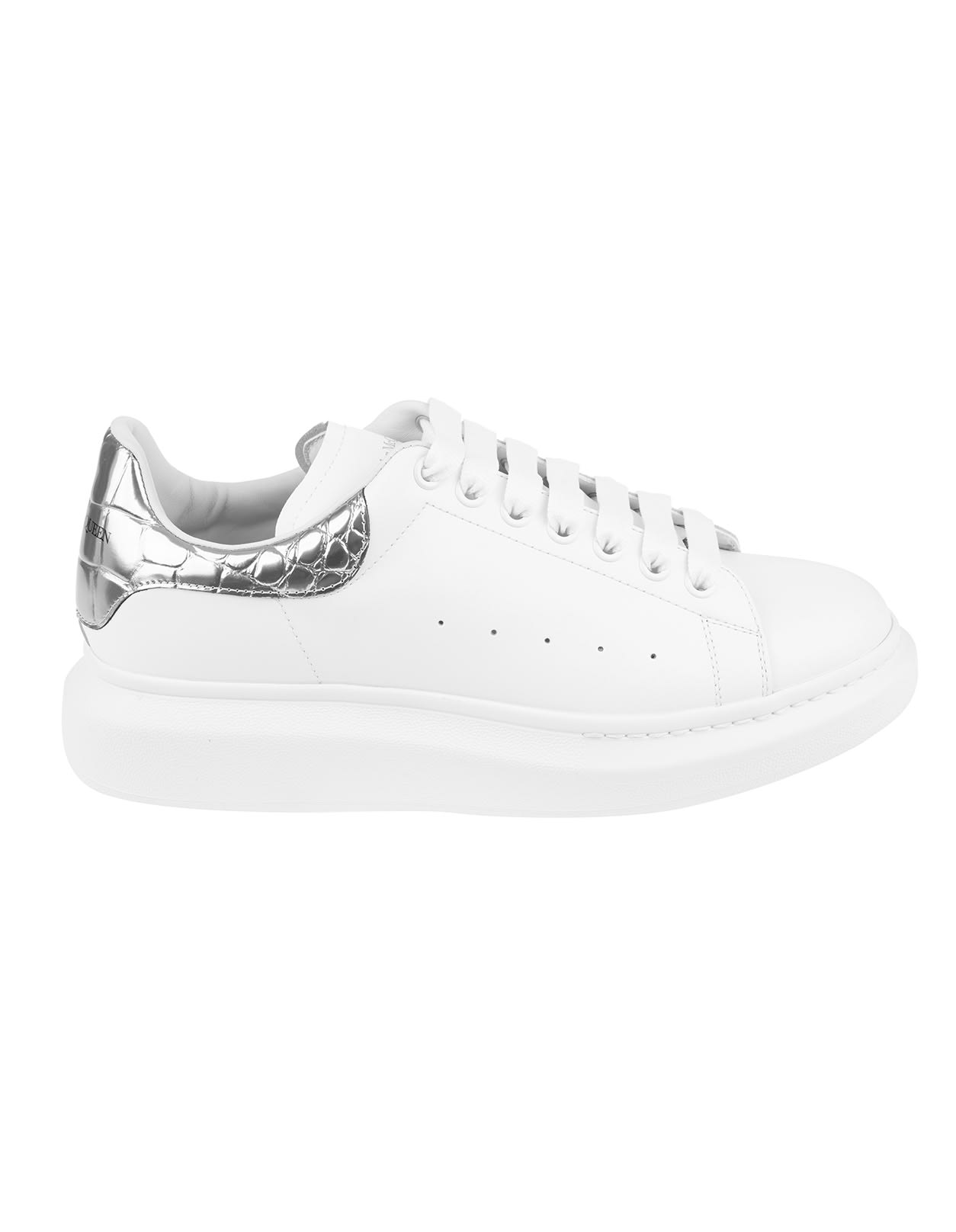 Alexander Mcqueen Man White Oversize Sneakers With Silver Crocodile Effect Spoiler In White/silver