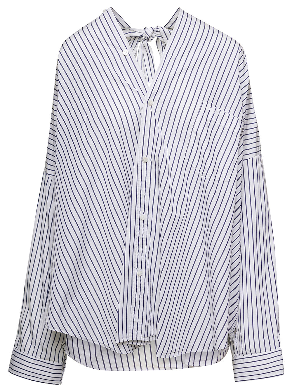 Shop Balenciaga White And Blue Striped Shirt With Bow Detail In Cotton Woman