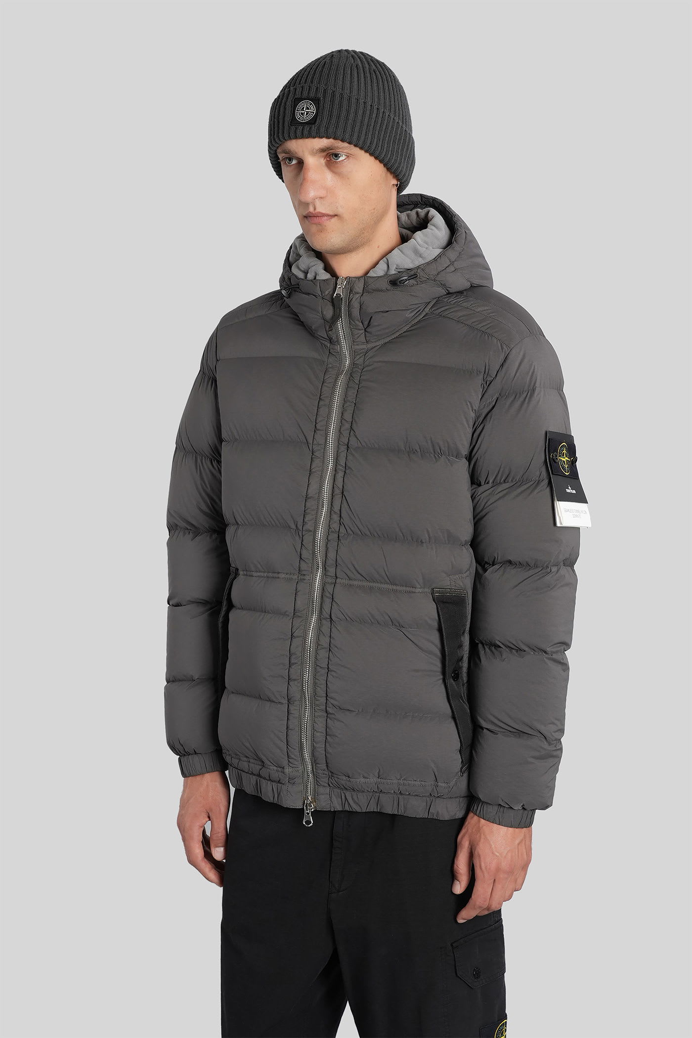 Stone Island Short Hooded Down Jacket In Gray
