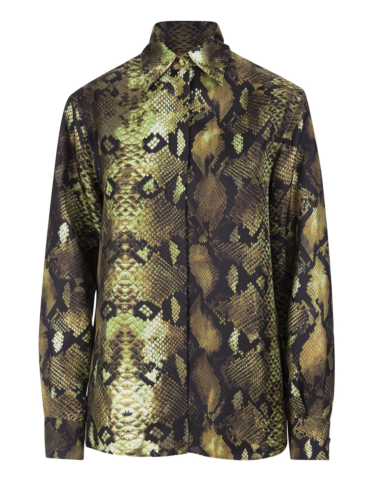 Roberto Cavalli Woman Military Green Silk Shirt With Python Print