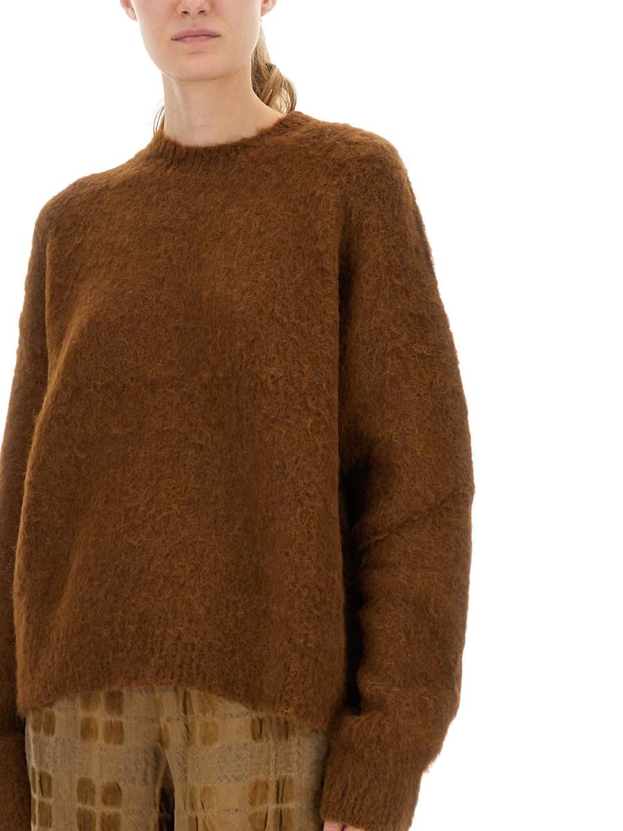 Uma Wang Fuzzy Texture Wool Blend Sweater With Crew Neckline In Brown