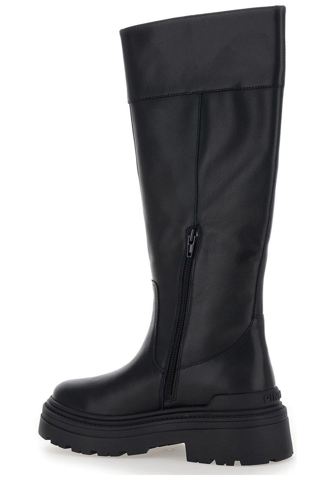 Shop Pinko Logo Plaque Round Toe Boots In Nero Limousine