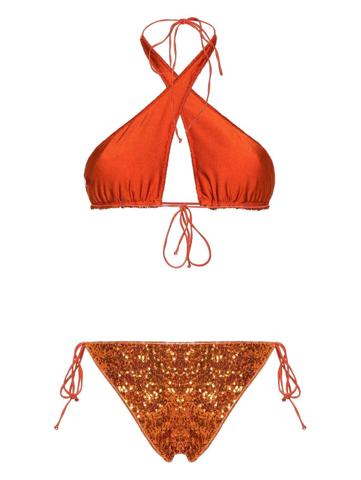 Shop Oseree Sequin Embellished Crossed Bikini Set In Orange