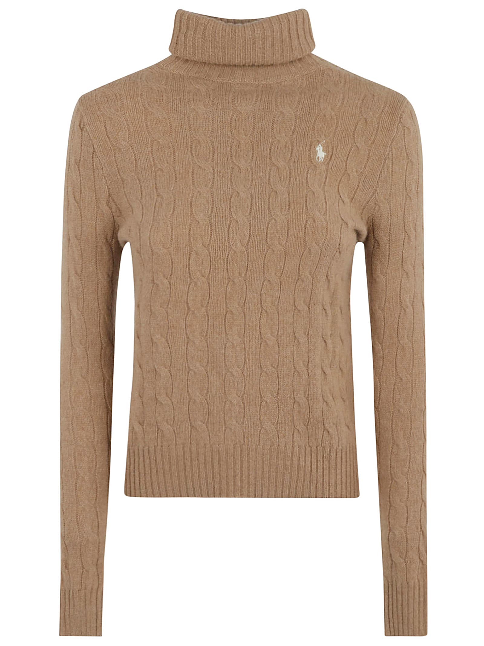 Shop Ralph Lauren Logo Embroidered Roll-neck Cable Knit Sweater In Medium Beige