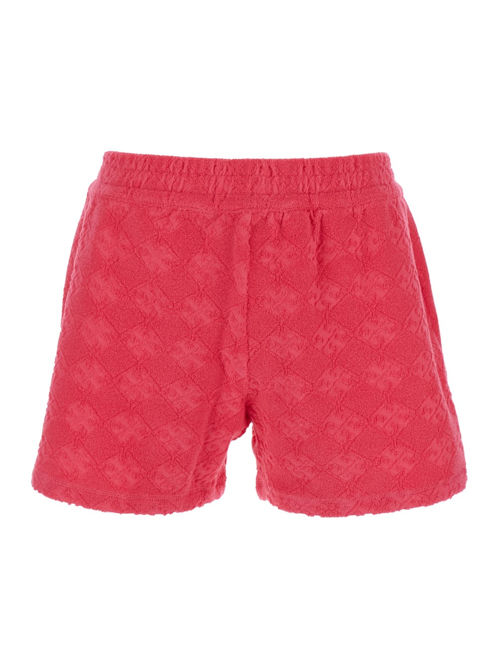 Tory Burch Terry Pink Shorts With Elastic Waist And All-over Logo Embroidery In Cotton Blend Stretch Woman In Red