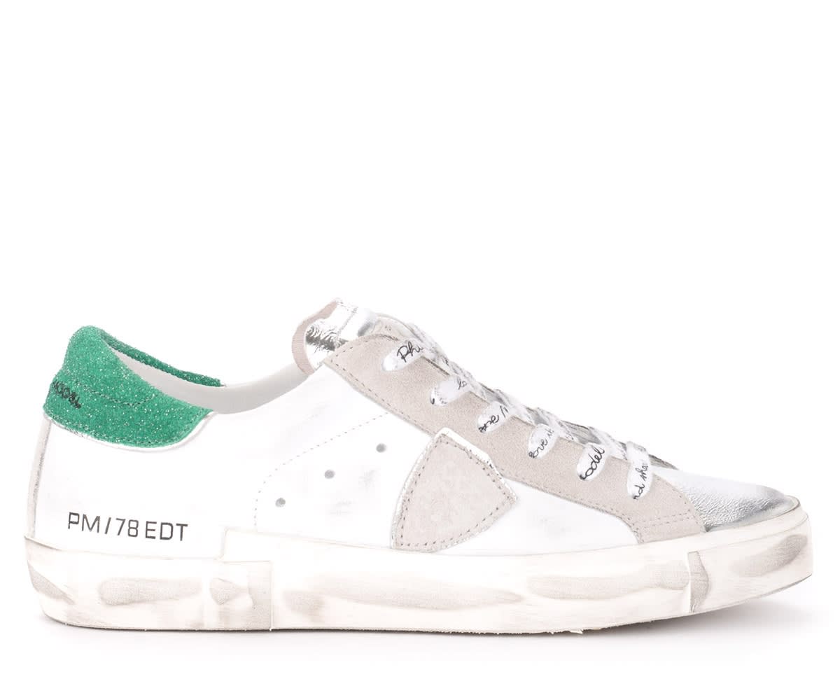 Philippe Model Paris X Model Sneakers In White And Silver Leather With Green Glitter Spoiler In Bianco