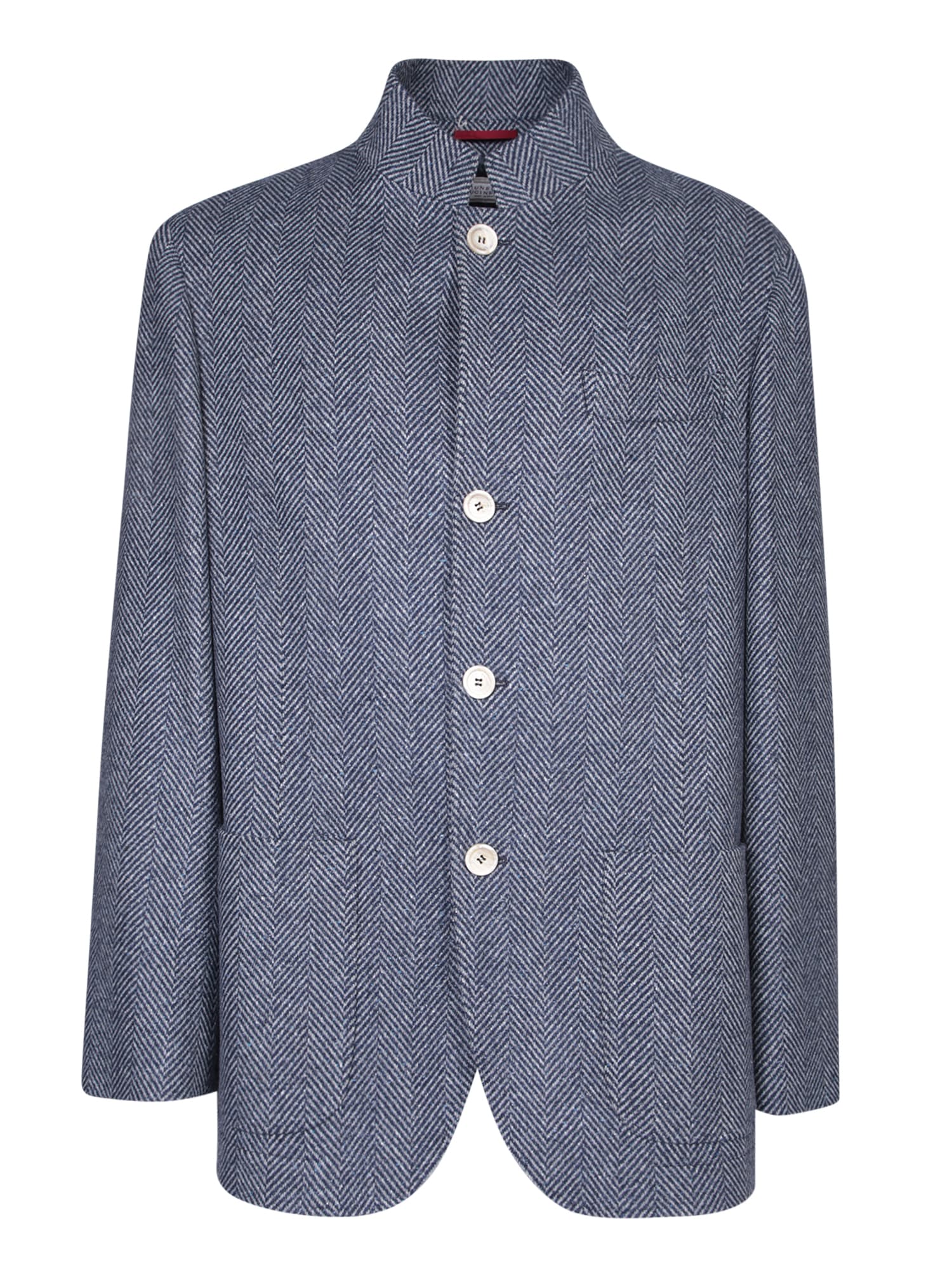 Shop Brunello Cucinelli Blue Herringbone Wool Jacket