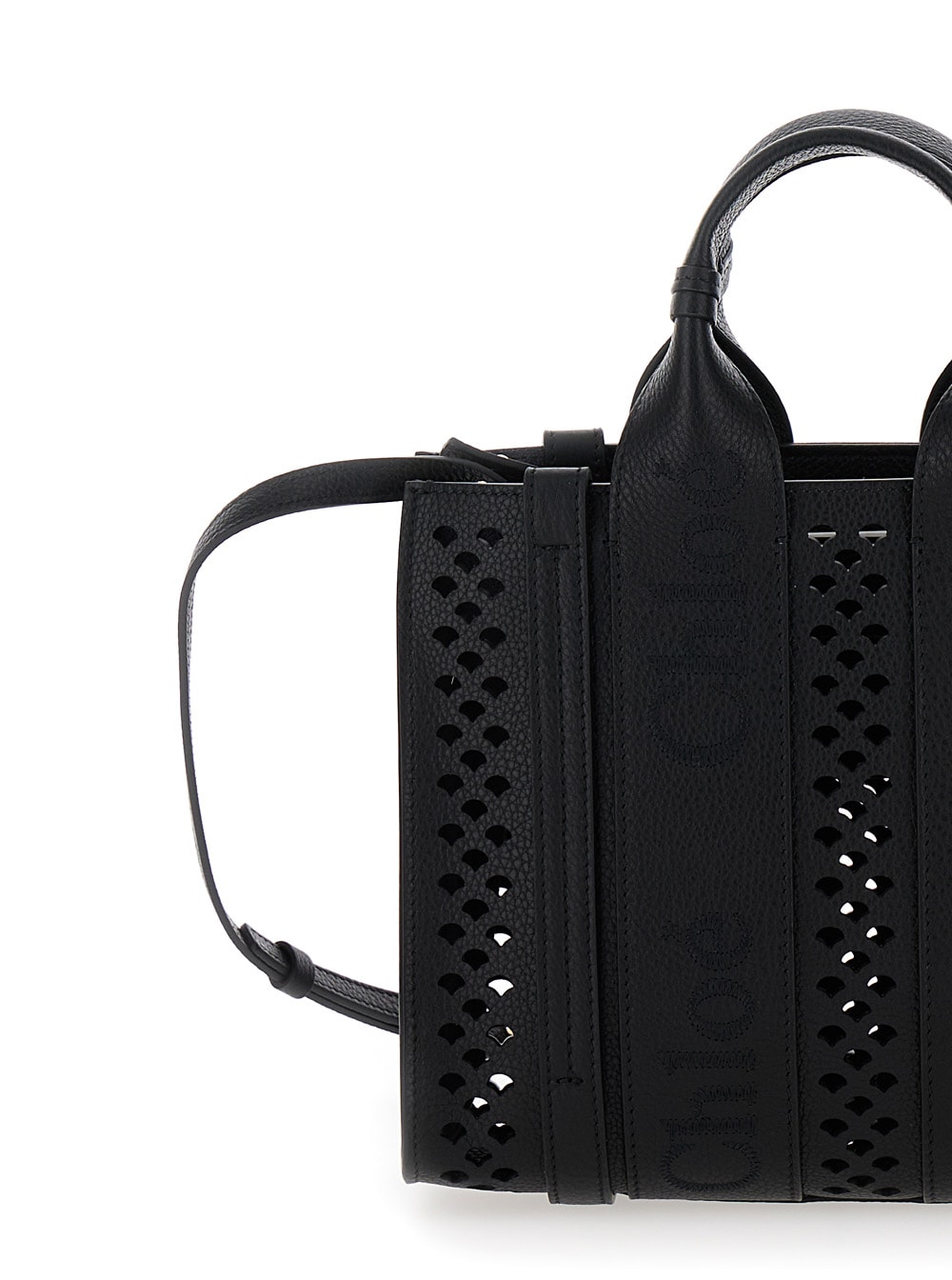 Shop Chloé Piccola Woody Black Tote Bag With Perforated Edges And Logo In Grained Leather Woman