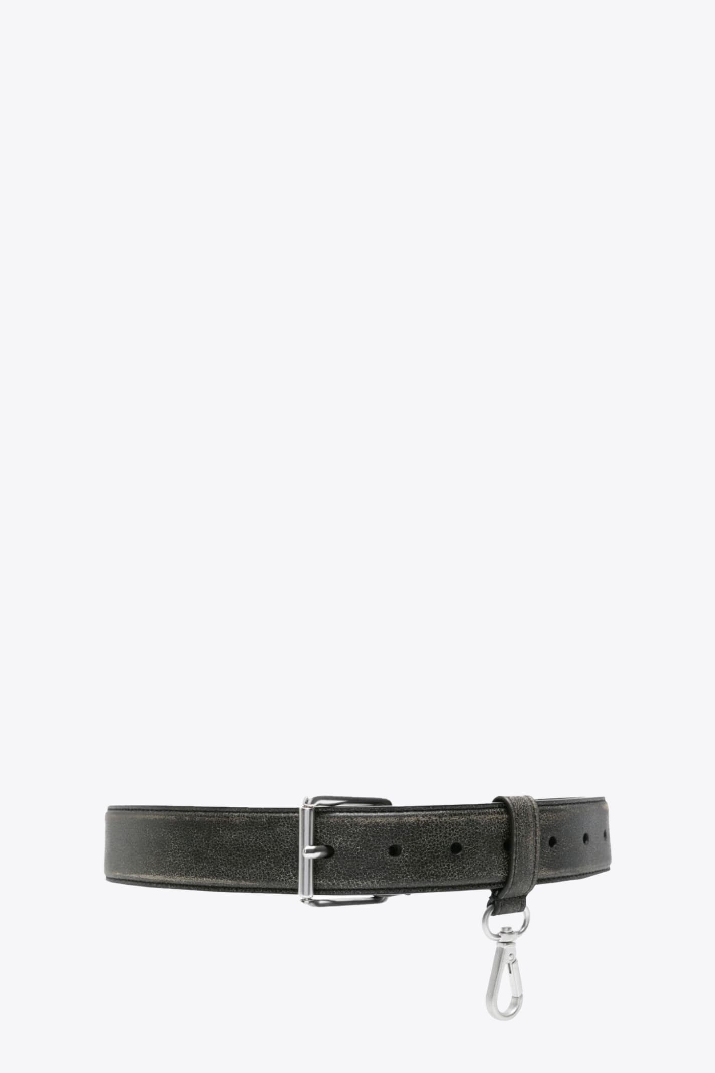 Cintura Distressed Black Leather Belt With Snap-hook