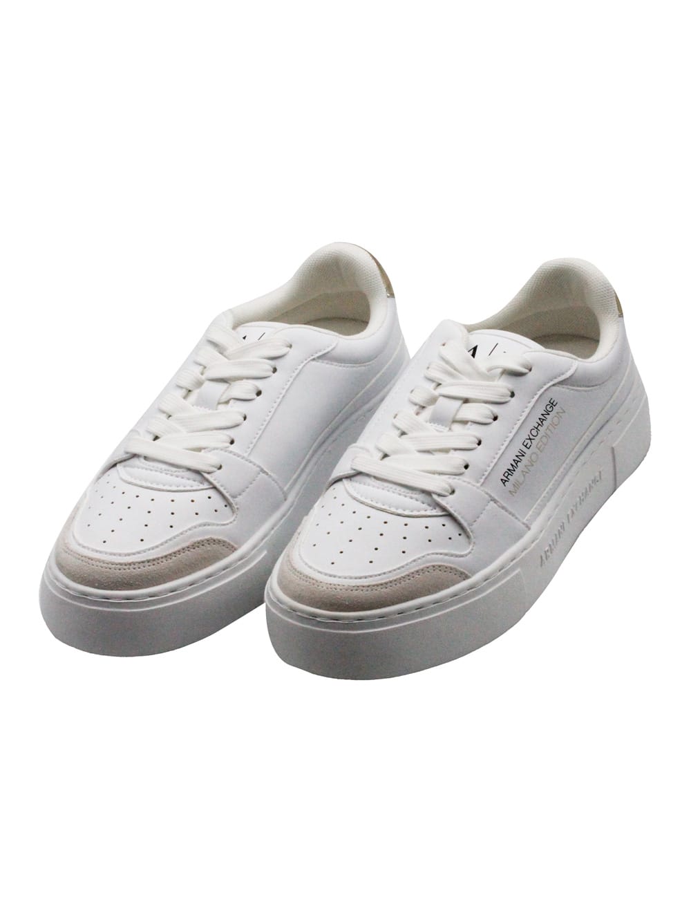 Armani Collezioni Leather Trainers With Matching Box Sole And Lace Closure. Small Golden Rear Logo And Side Writing In White
