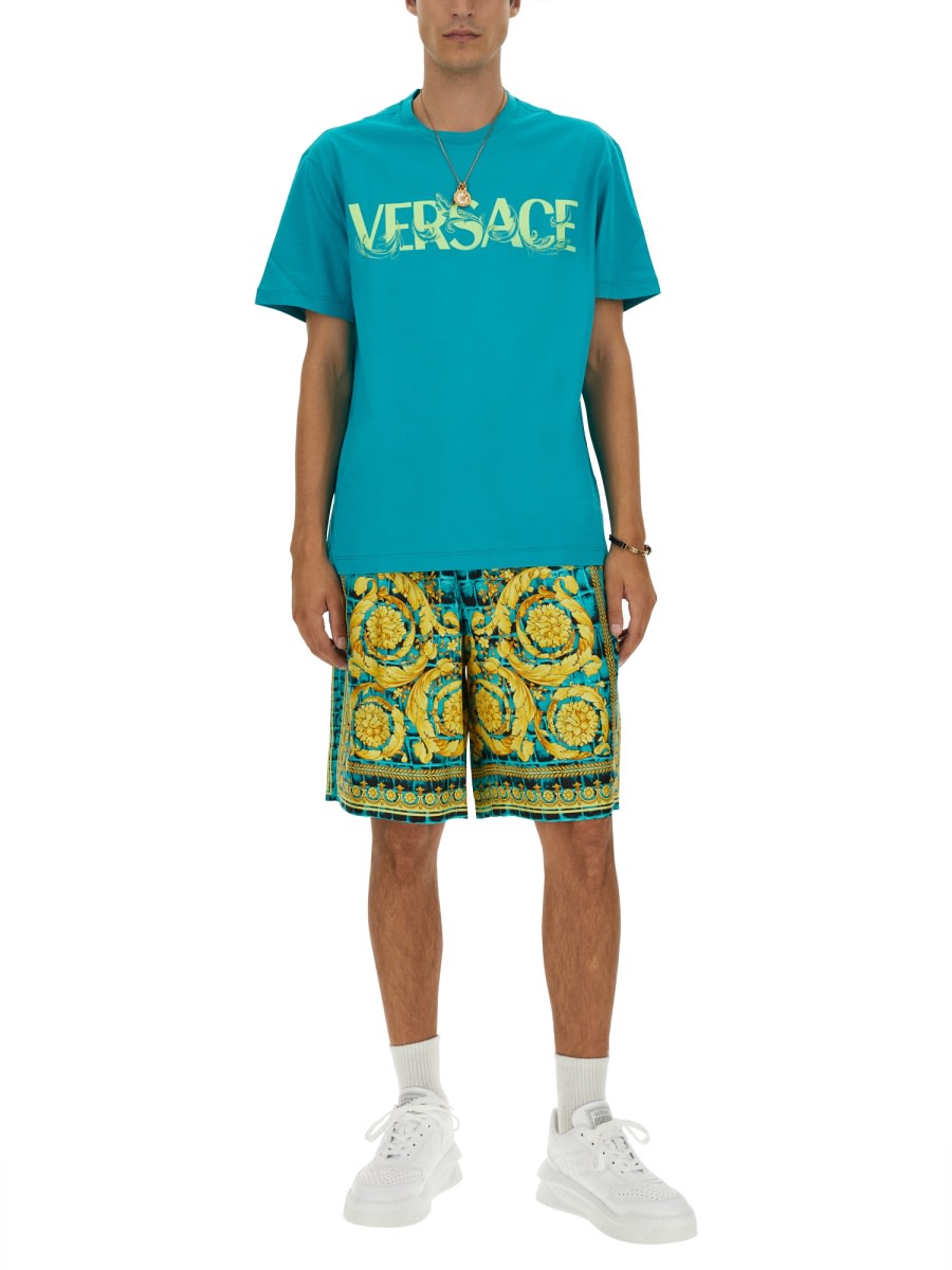 Shop Versace T-shirt With Baroque Logo In Green