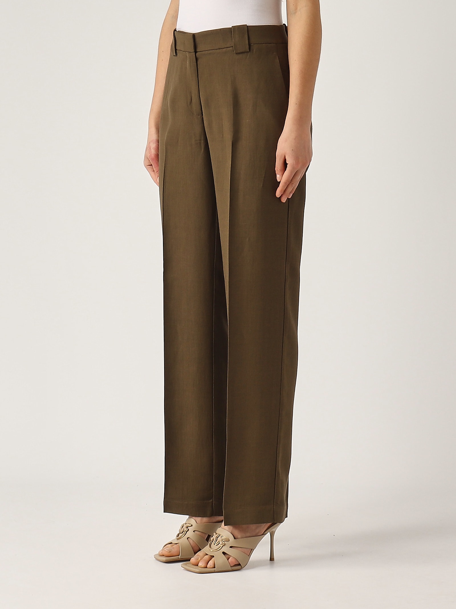 Pinko Green Pants With Belt Loops And Pleats In Viscose And Linen Blend Woman In Bruciato