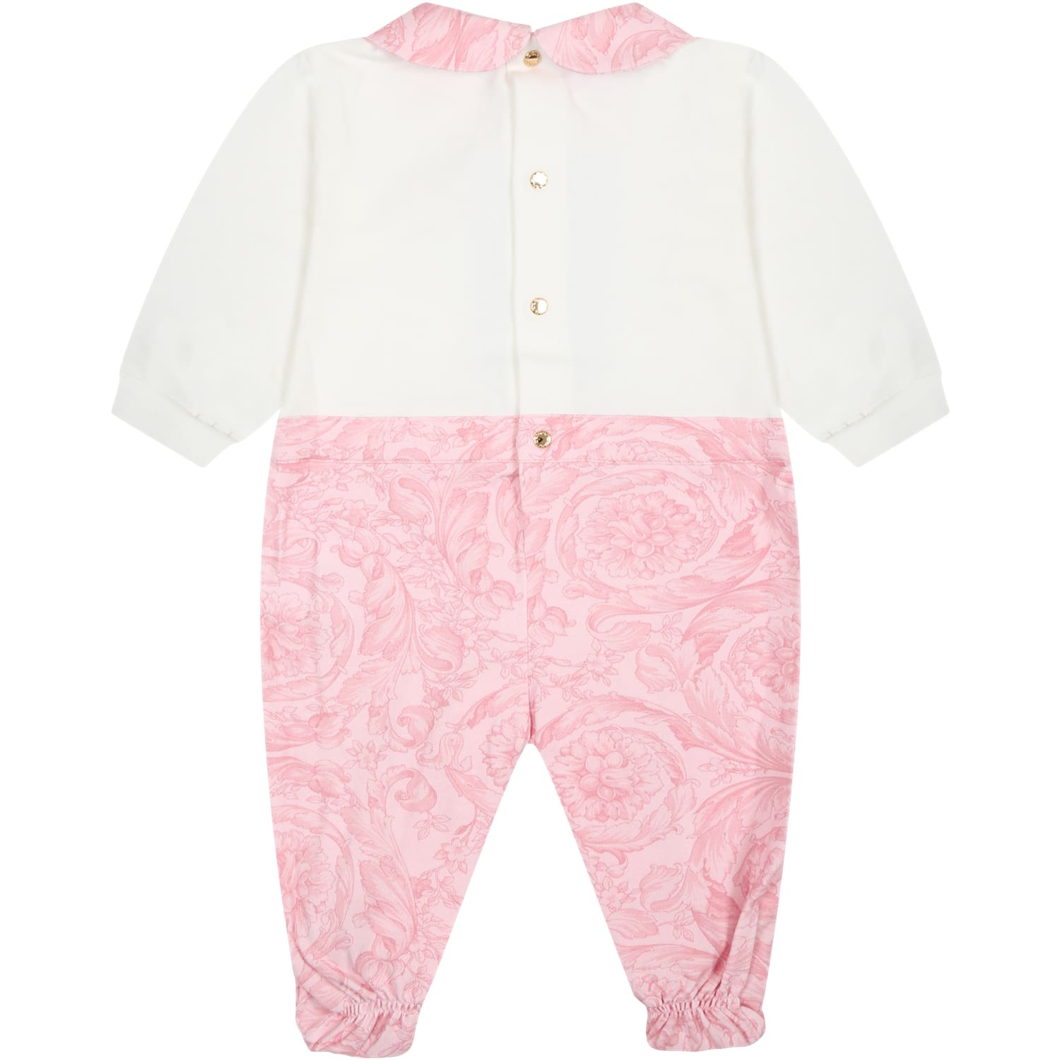 Shop Versace Pink Baby Jumpsuit With Baroque Print