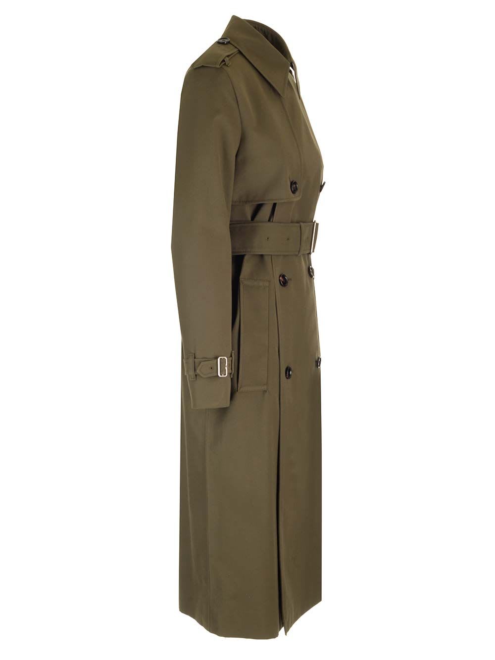 Shop Burberry Belted Double-breasted Long Trench In Green