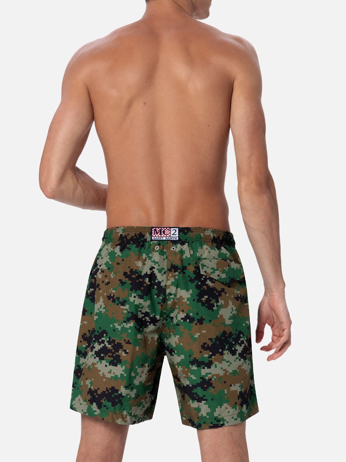 Mc2 Saint Barth Man Lightweight Fabric Swim-shorts Lighting With Camouflage Print In Green