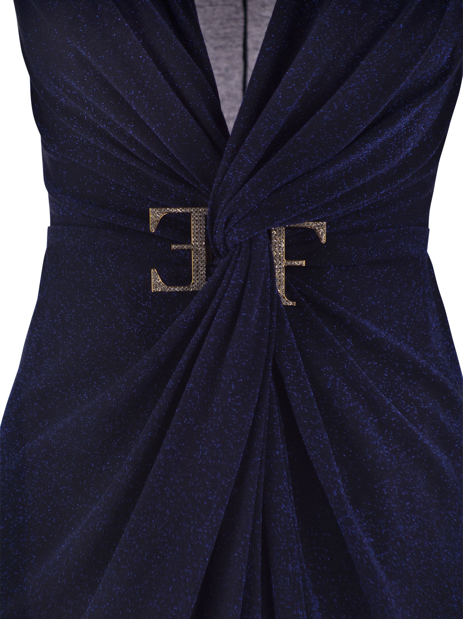 Shop Elisabetta Franchi Red Carpet Dress In Lurex Jersey With Knot And Logo Accessory In Navy