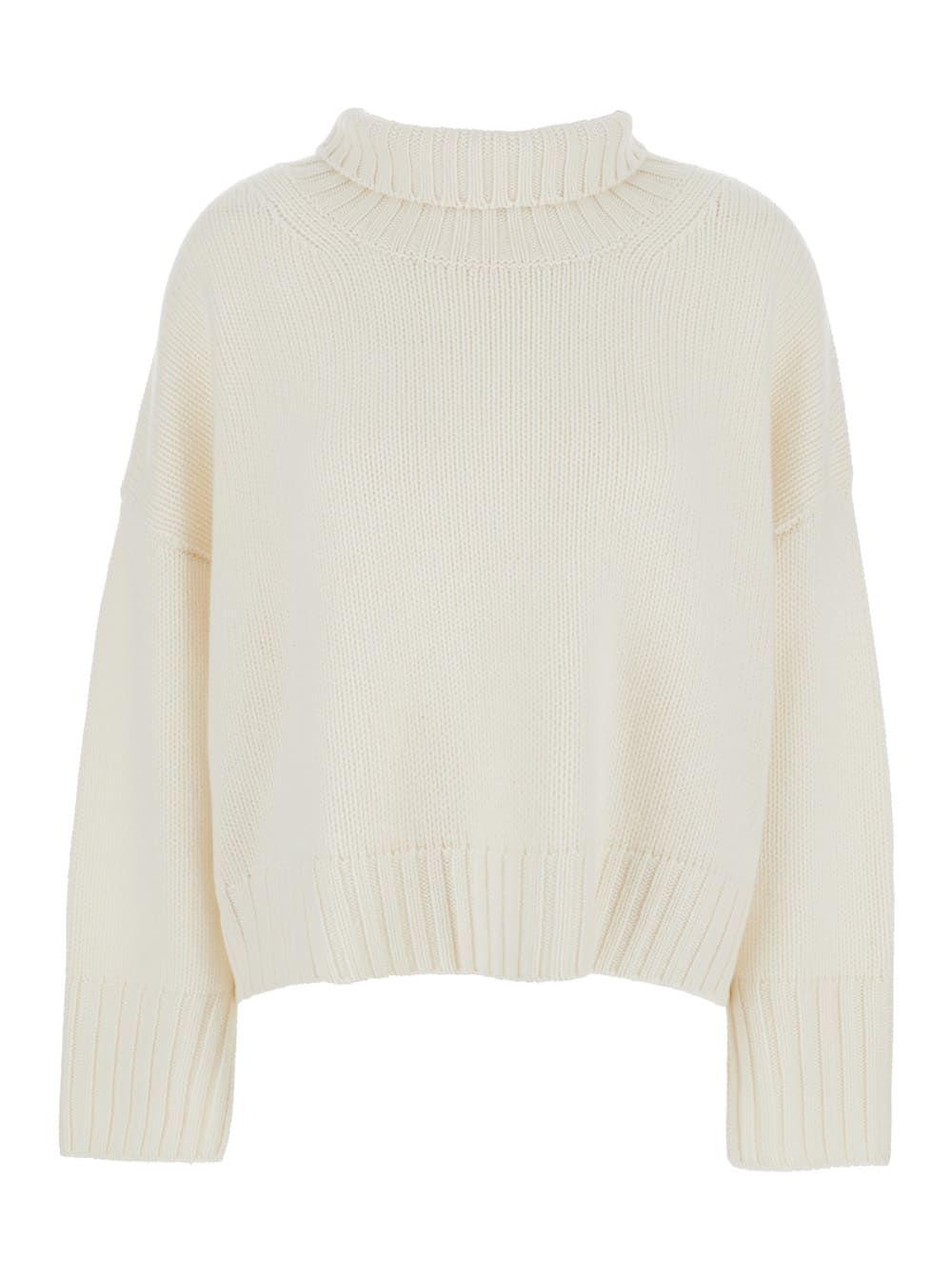 girlfriend White Turtleneck Sweater With Ribbed Trims In Cashmere Woman