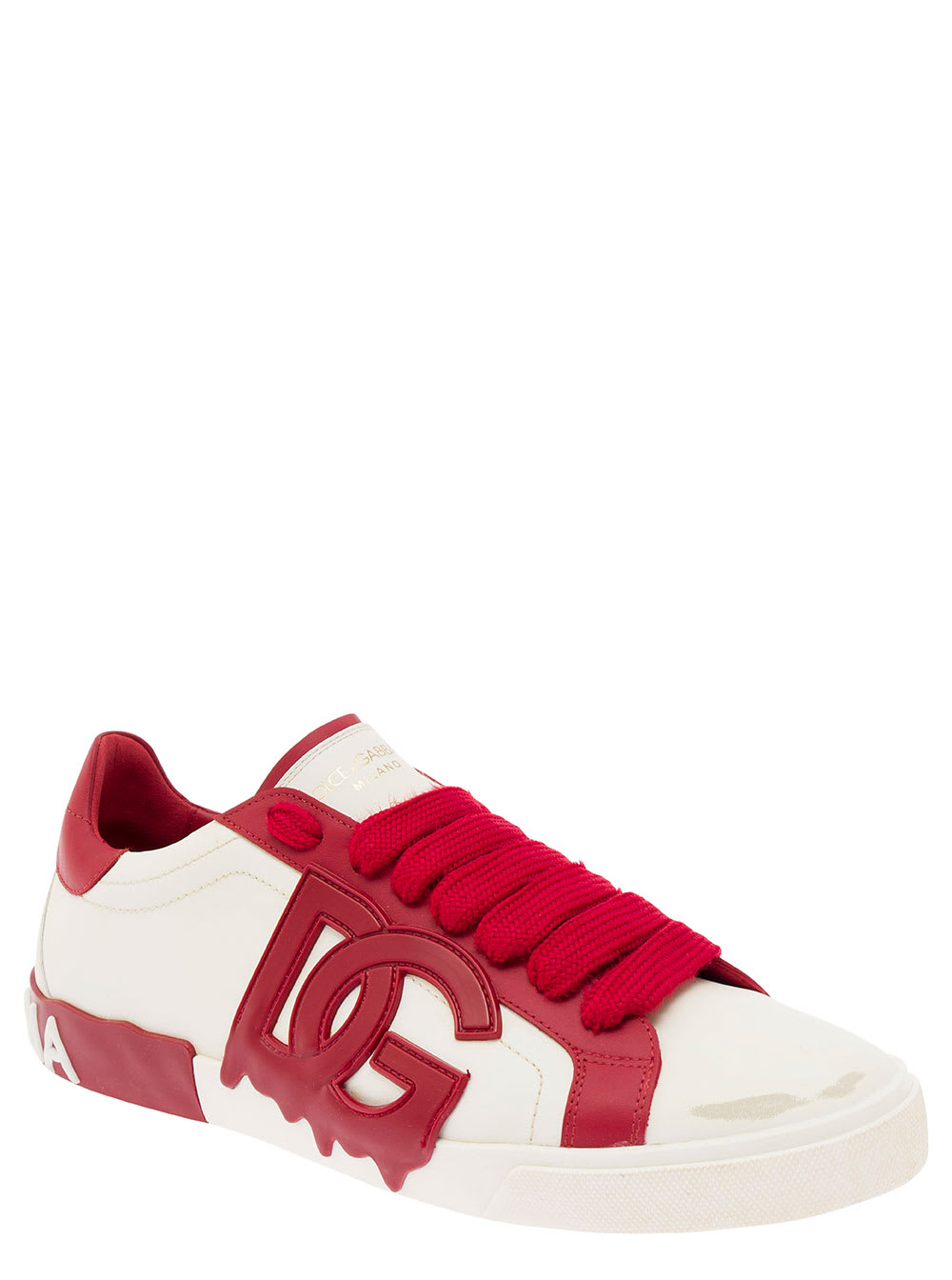 Shop Dolce & Gabbana Vintage Portafino White And Red Low Top Sneakers With Dg Patch In Leather Man In Bianco Lampone (white)